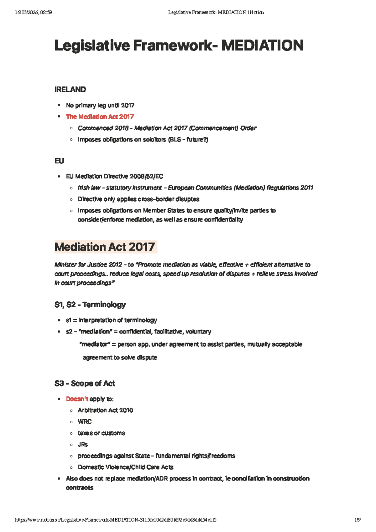 Legislative Framework on Mediation in Ireland (08:59) - Studocu