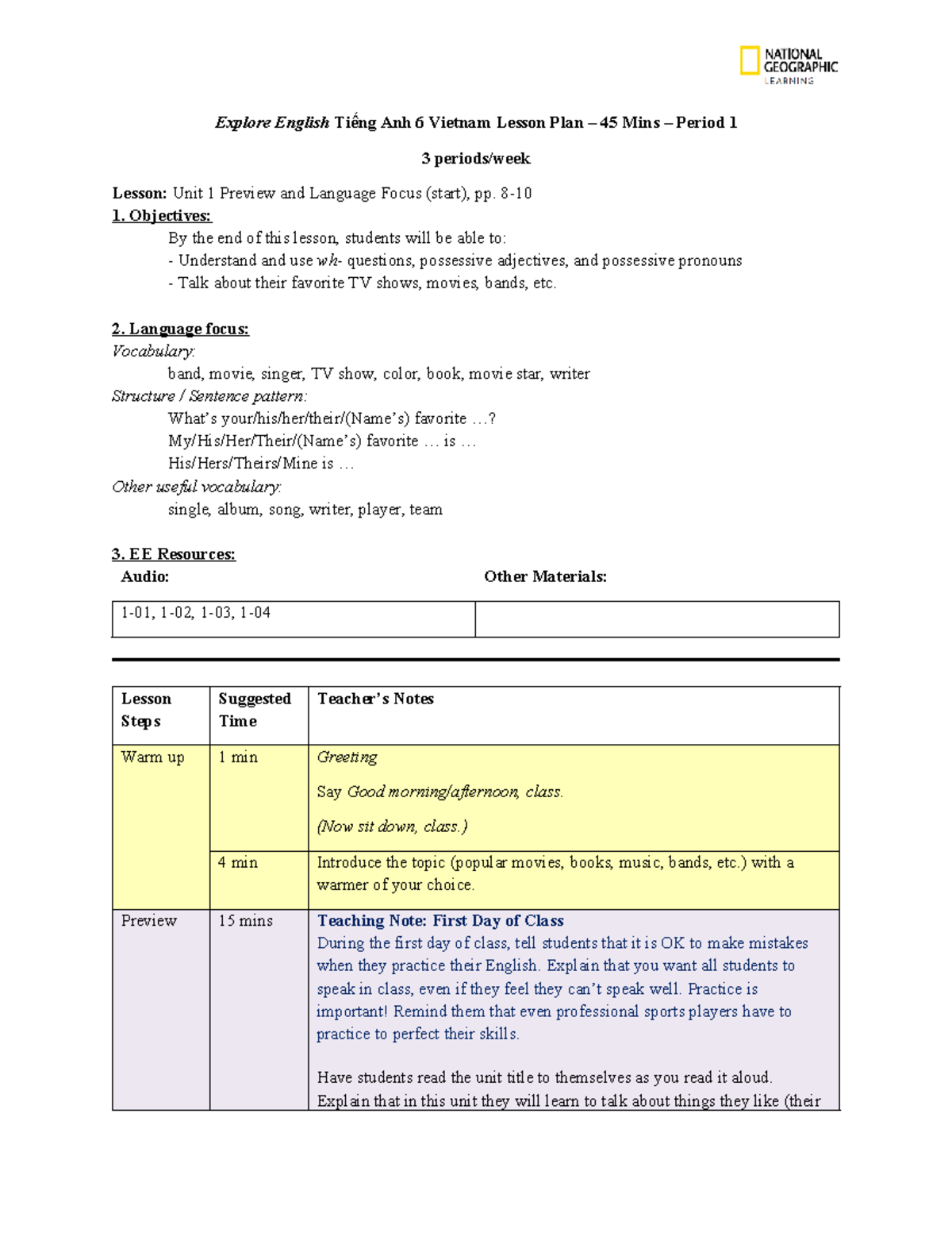 EE G6 Lesson Plan: Unit 1 Preview & Language Focus (45 mins) - Studocu