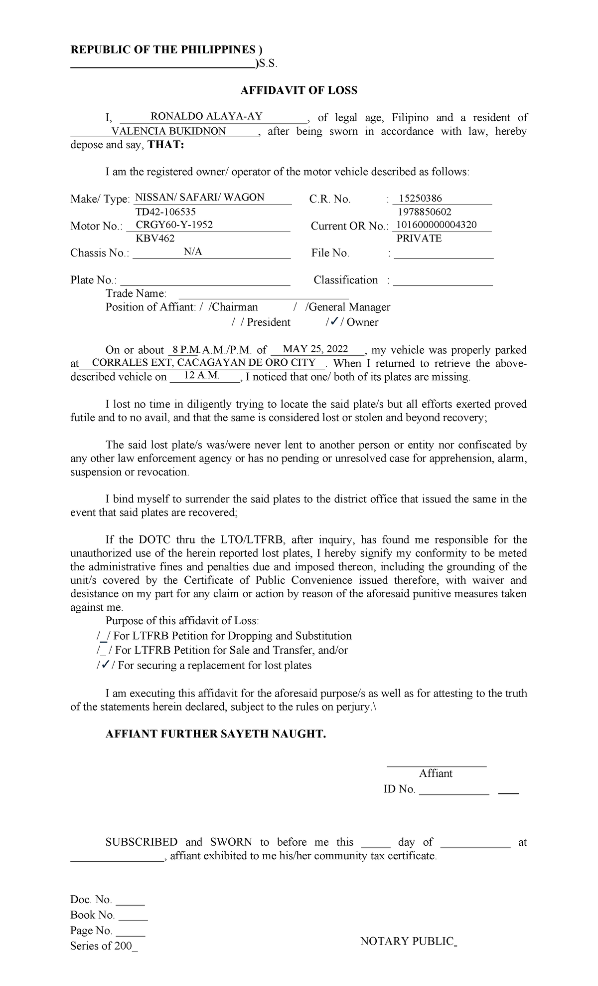 KBV462 Affidavit of Loss for Vehicle Plates - Studocu