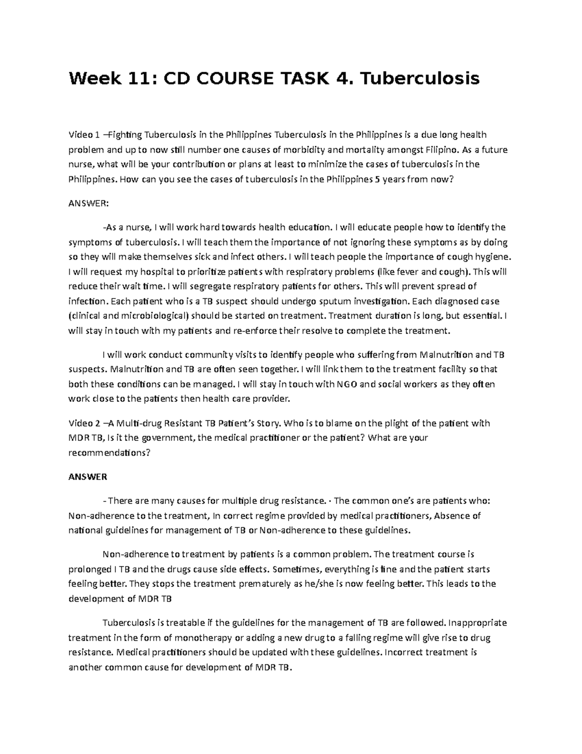 Week 11 CD - Course Task on Tuberculosis Management Strategies - Studocu