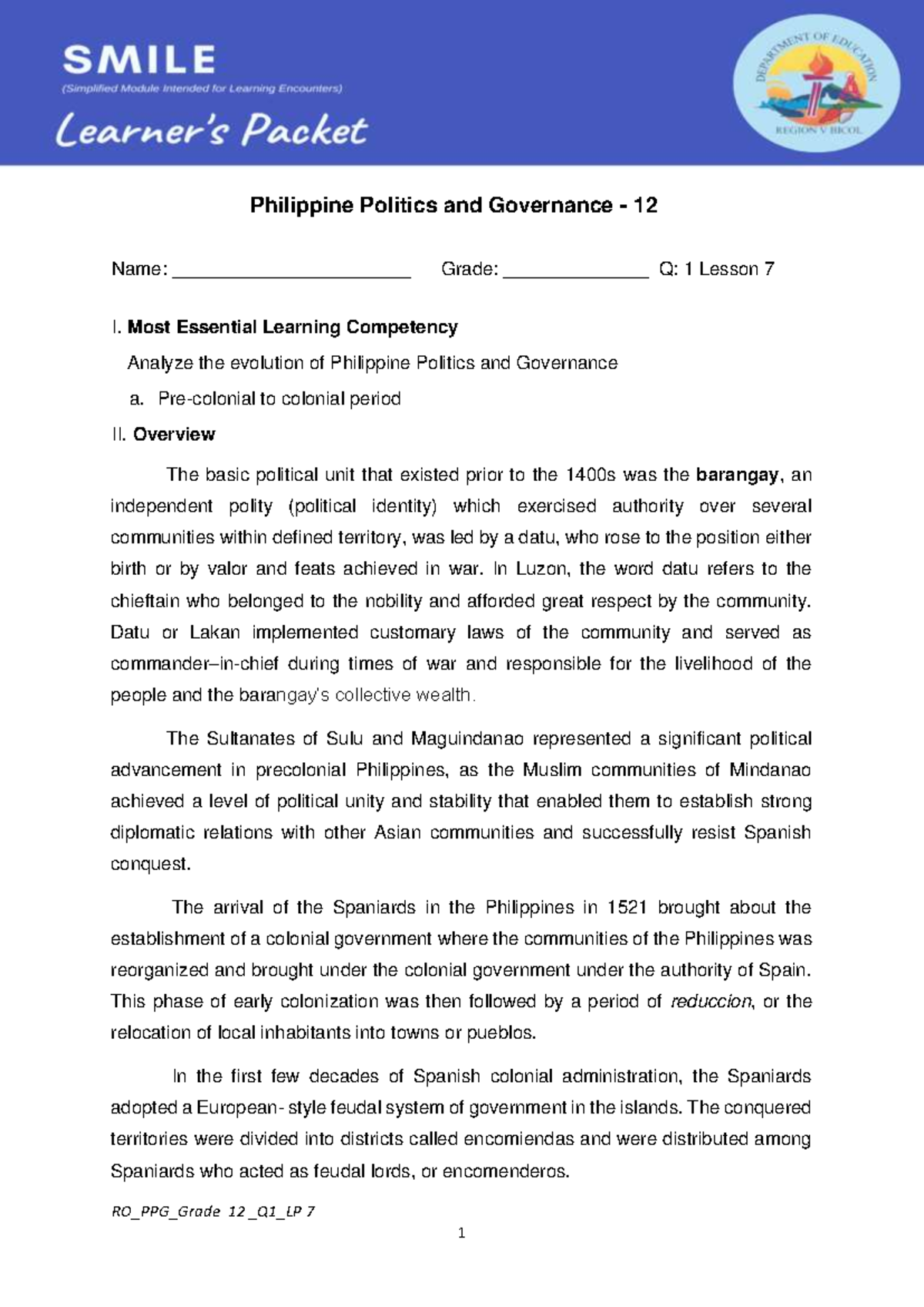 SHS PPG 12 1st Sem Lesson 7: Evolution of Philippine Politics - Studocu