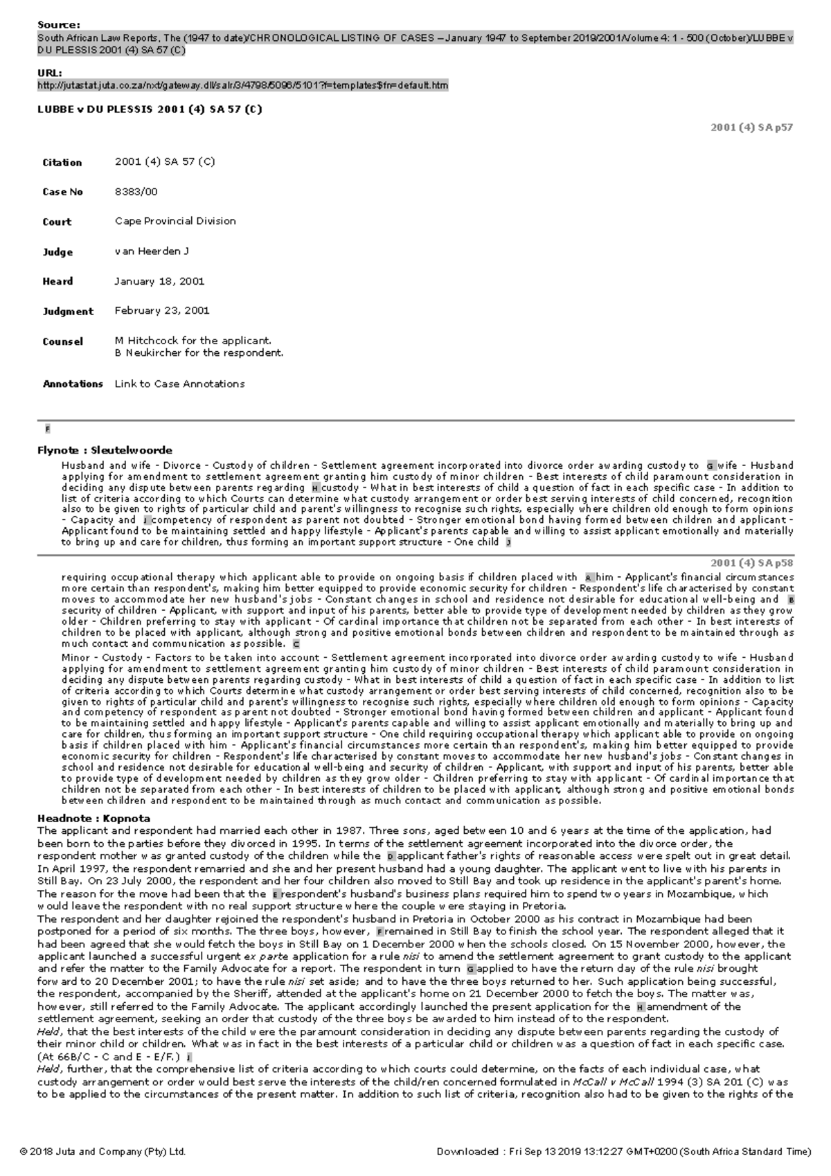 Lubbe v Du Plessis 2001 (4) SA 57 (C) - Custody Settlement Analysis ...