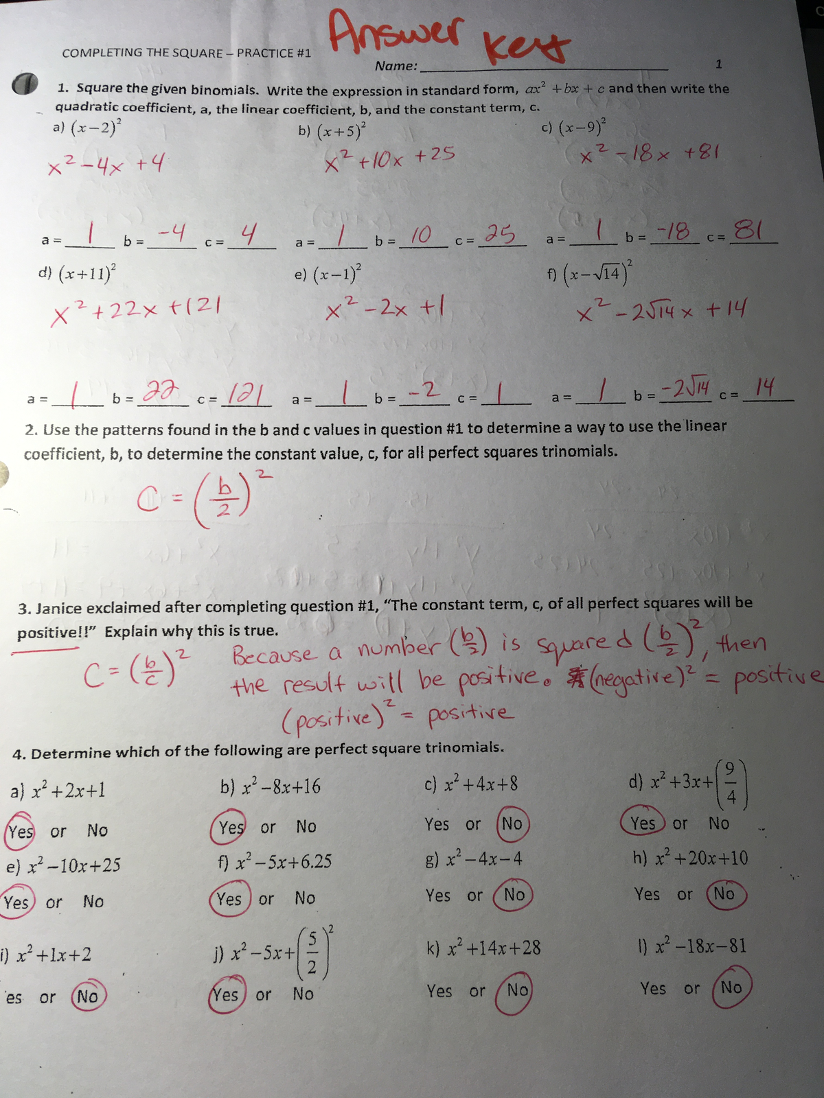 Answer Key for Completing the Square - Practice 1 (Math 101) - Studocu