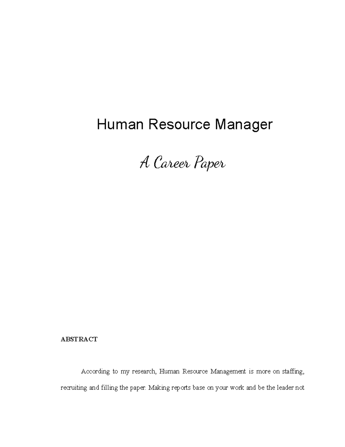 Research:Human Resource Manager - Human Resource Manager A Car r Paper ...
