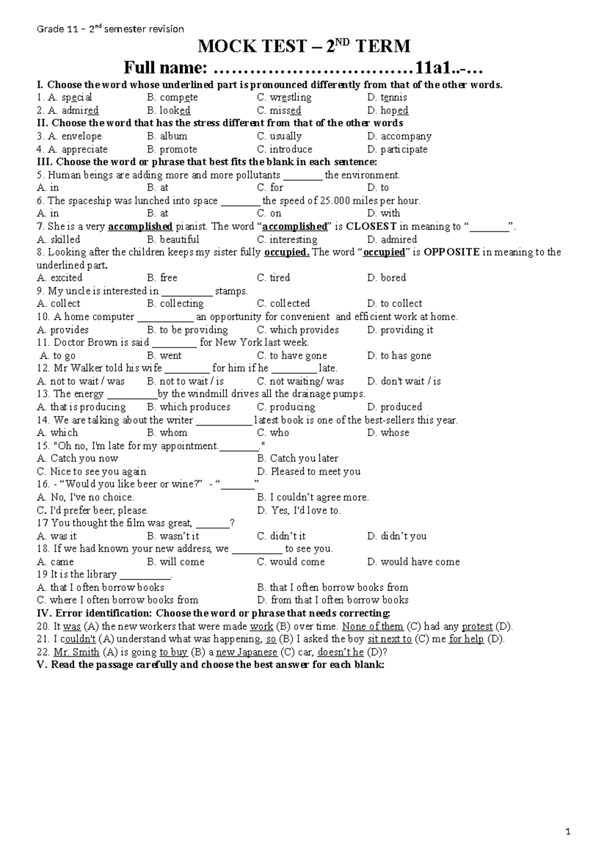 11a1- 5.2023 - mock test for 2nd term - Grade 11 – 2nd semester ...