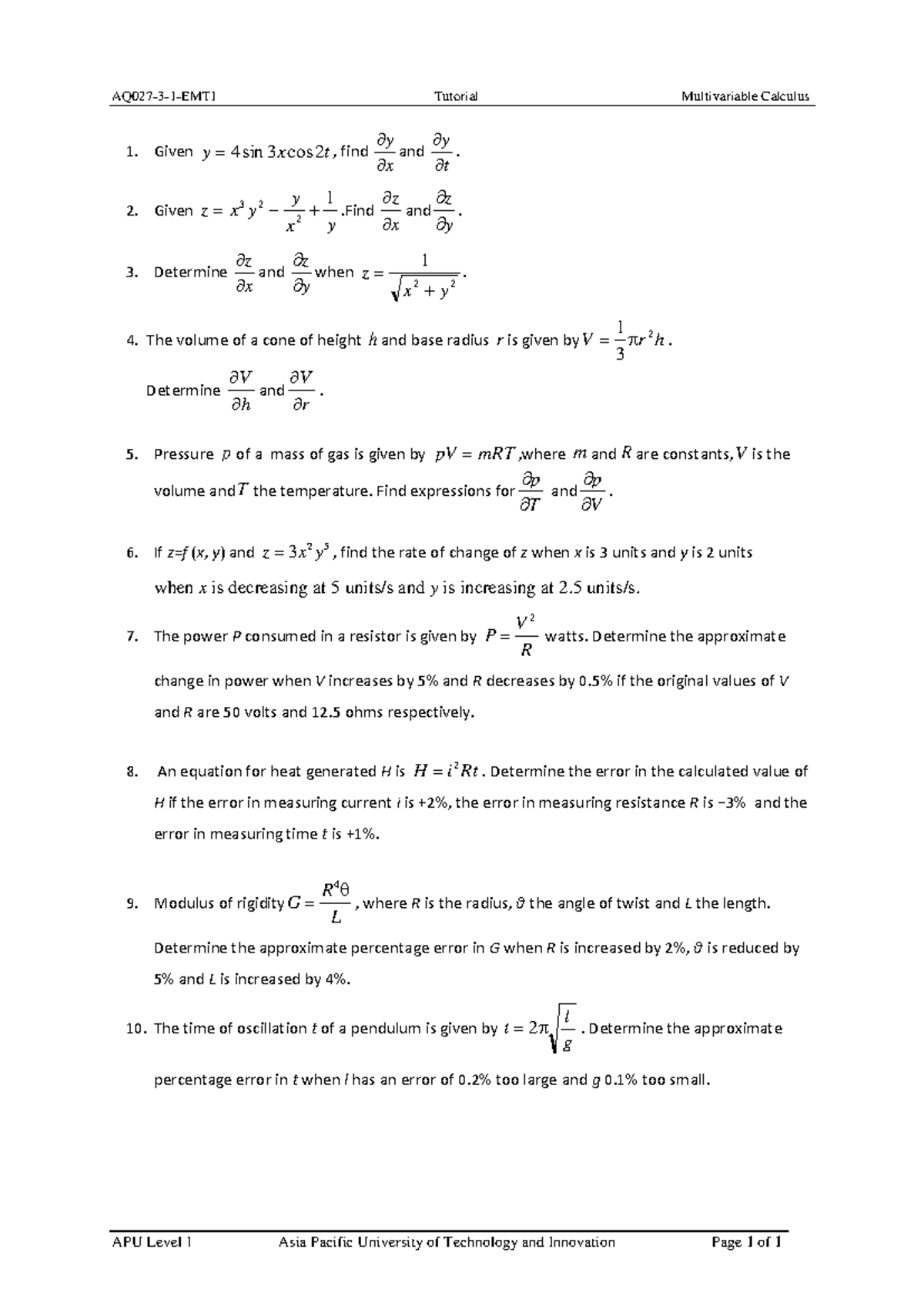 APU T7 Multivariable Calculus Tutorial 1: Problem Solutions - Studocu
