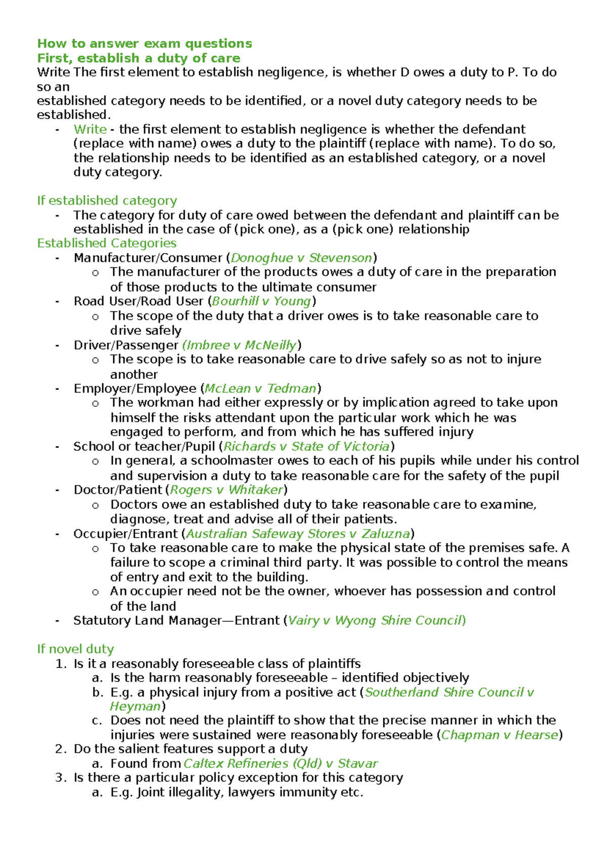 Tort law exam notes - Summary Tort law - How to answer exam questions ...