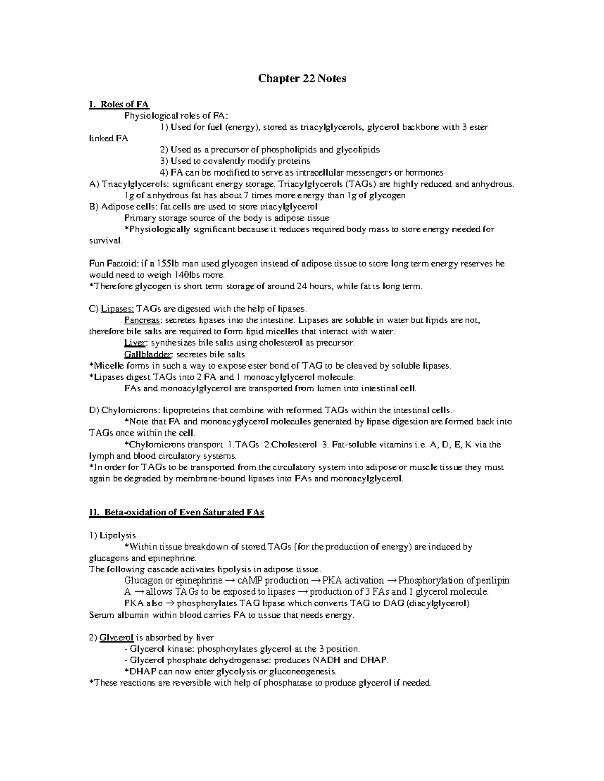 Chapter 22: Fatty Acid Metabolism Notes (Biochemistry 101) - Chapter 22 ...