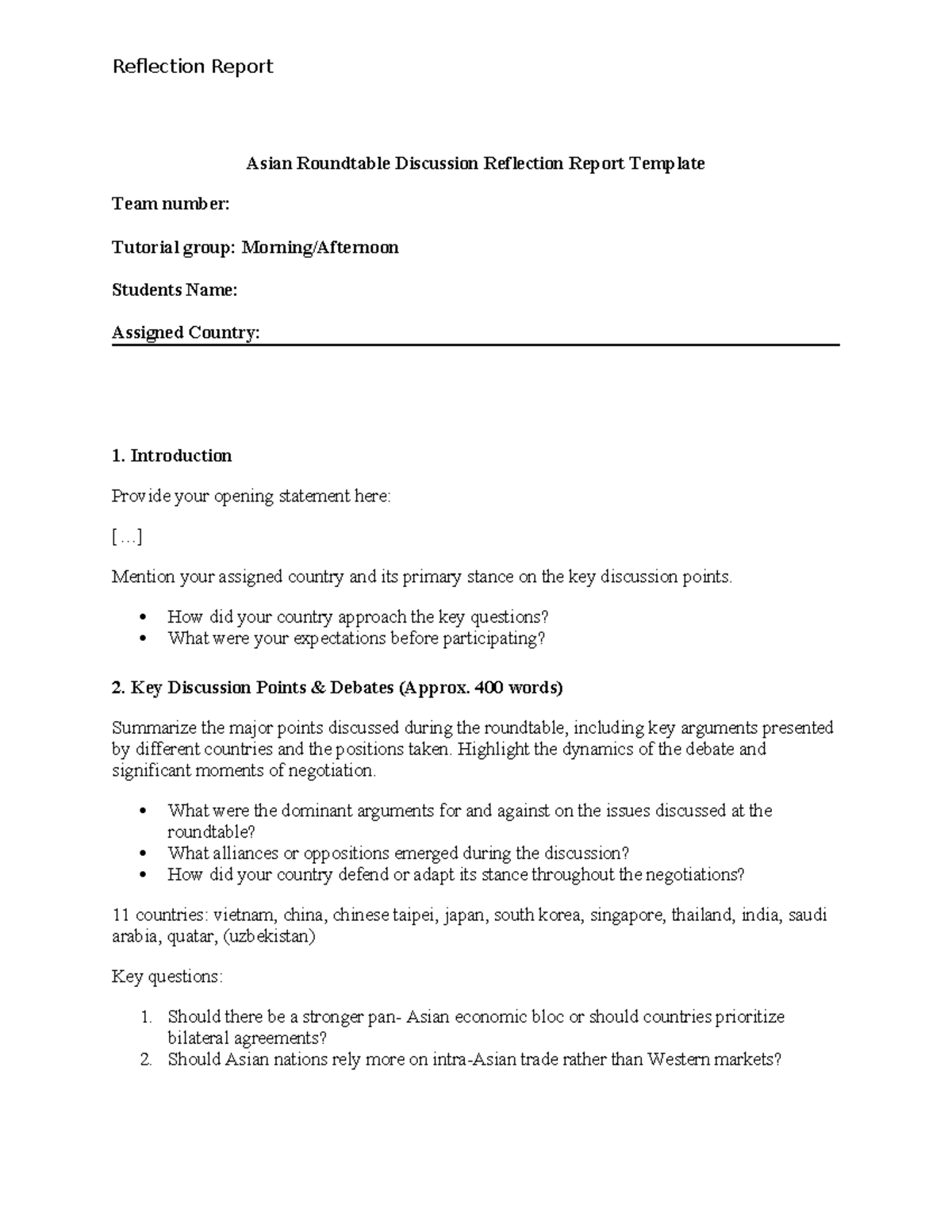 Roundtable Reflection Report: Asian Economic Cooperation Insights - Studocu