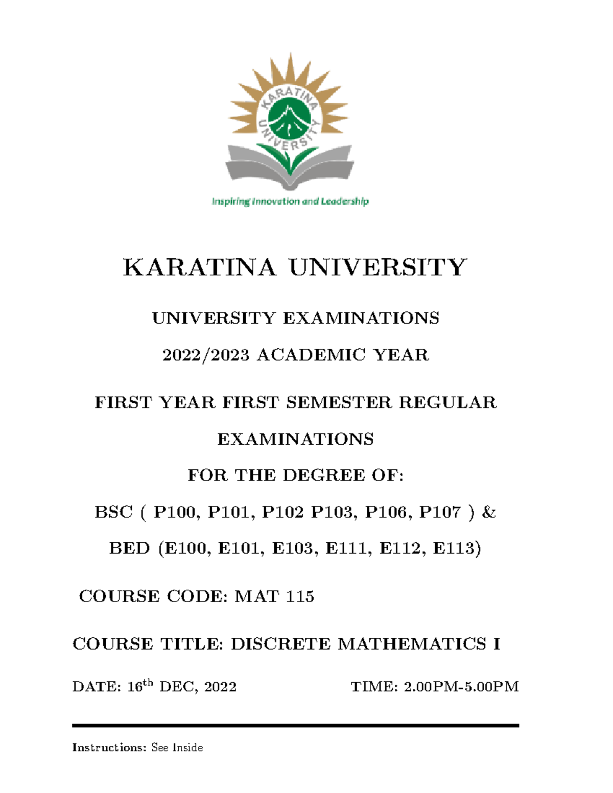 MAT 115 Final Exam Discrete Mathematics I First Sem 2022/2023 - Studocu