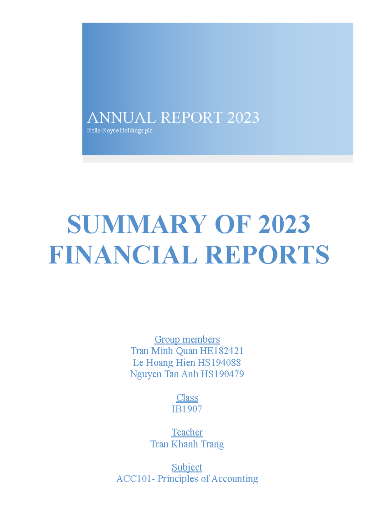 ACC101 Annual Financial Report Analysis of Holdings plc (2023) - Studocu