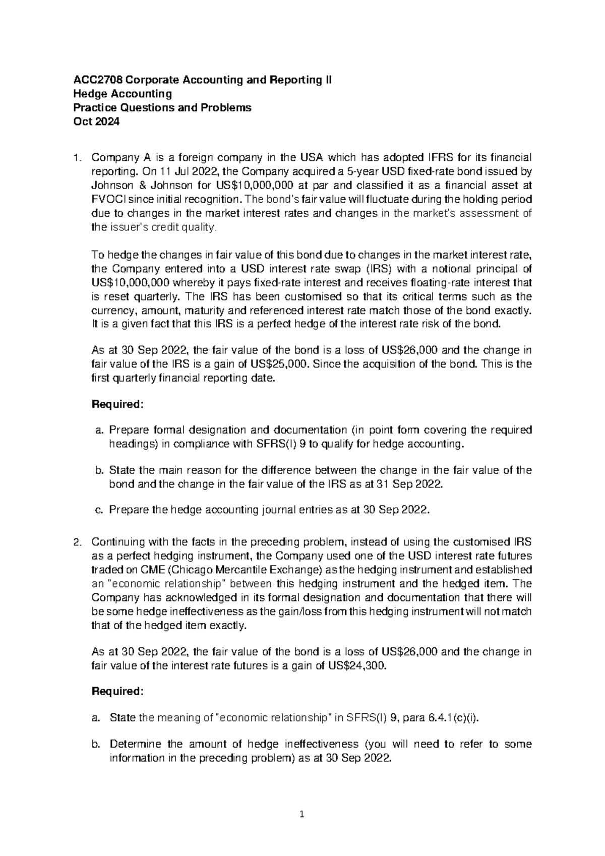 ACC2708 Week 9 Hedge Accounting Practice Questions and Problems - Studocu