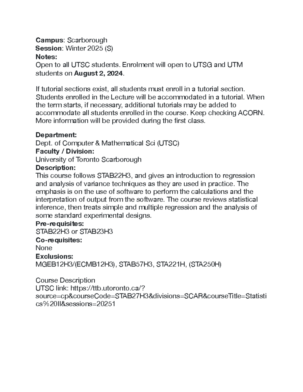 STAB27H3 Course Description: Statistics II Overview and Details - Studocu