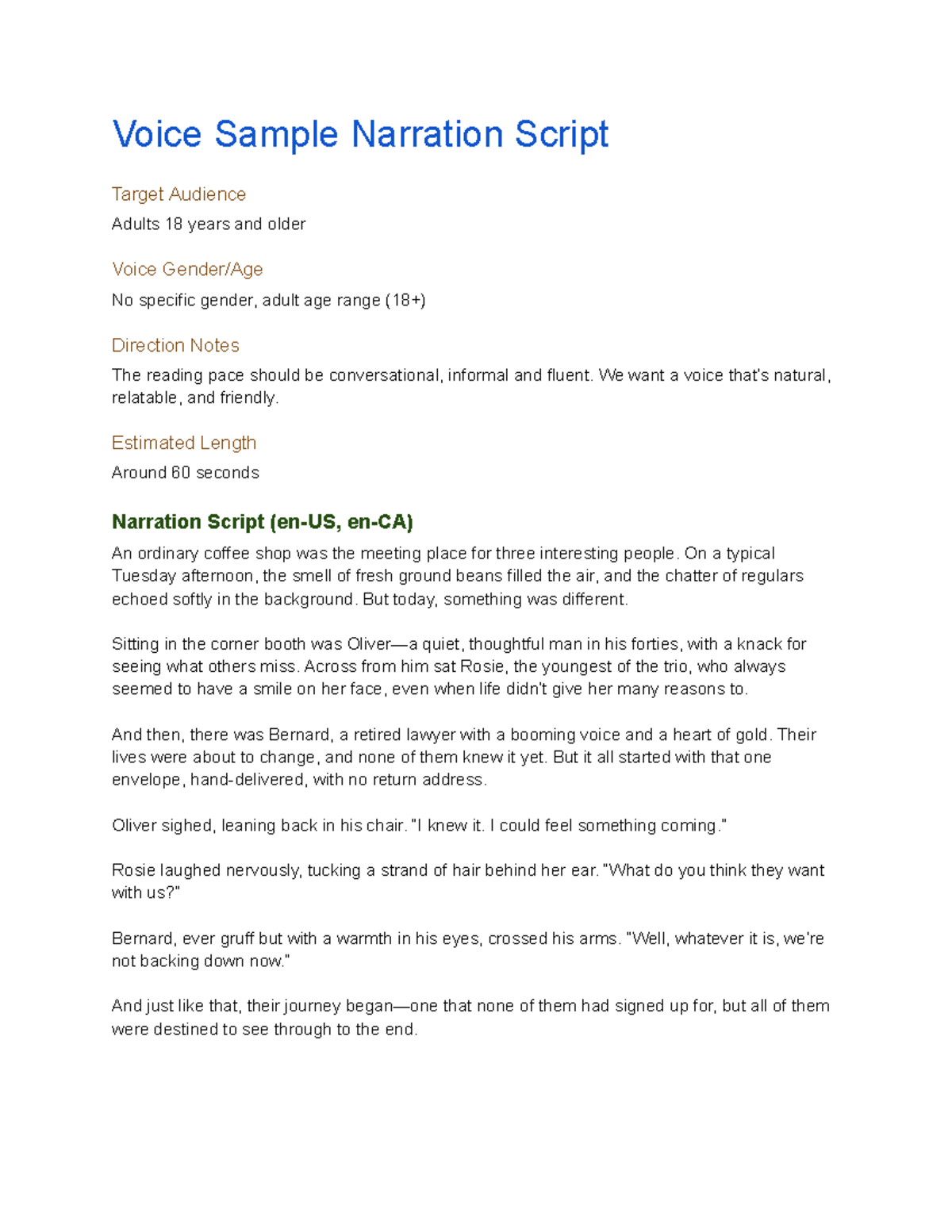Voice Sample Narration Script 2: Engaging Narrative for Adults - Studocu