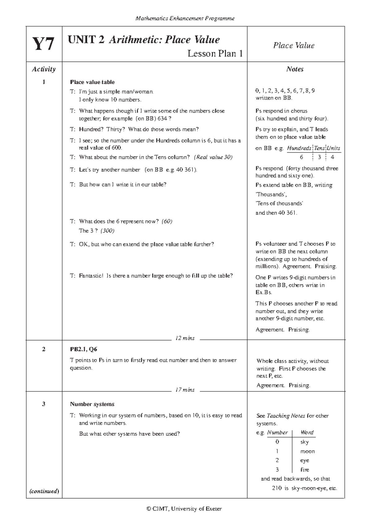 UNit 2 Arithmetic place value lesson plan 1 notes - Mathematics ...