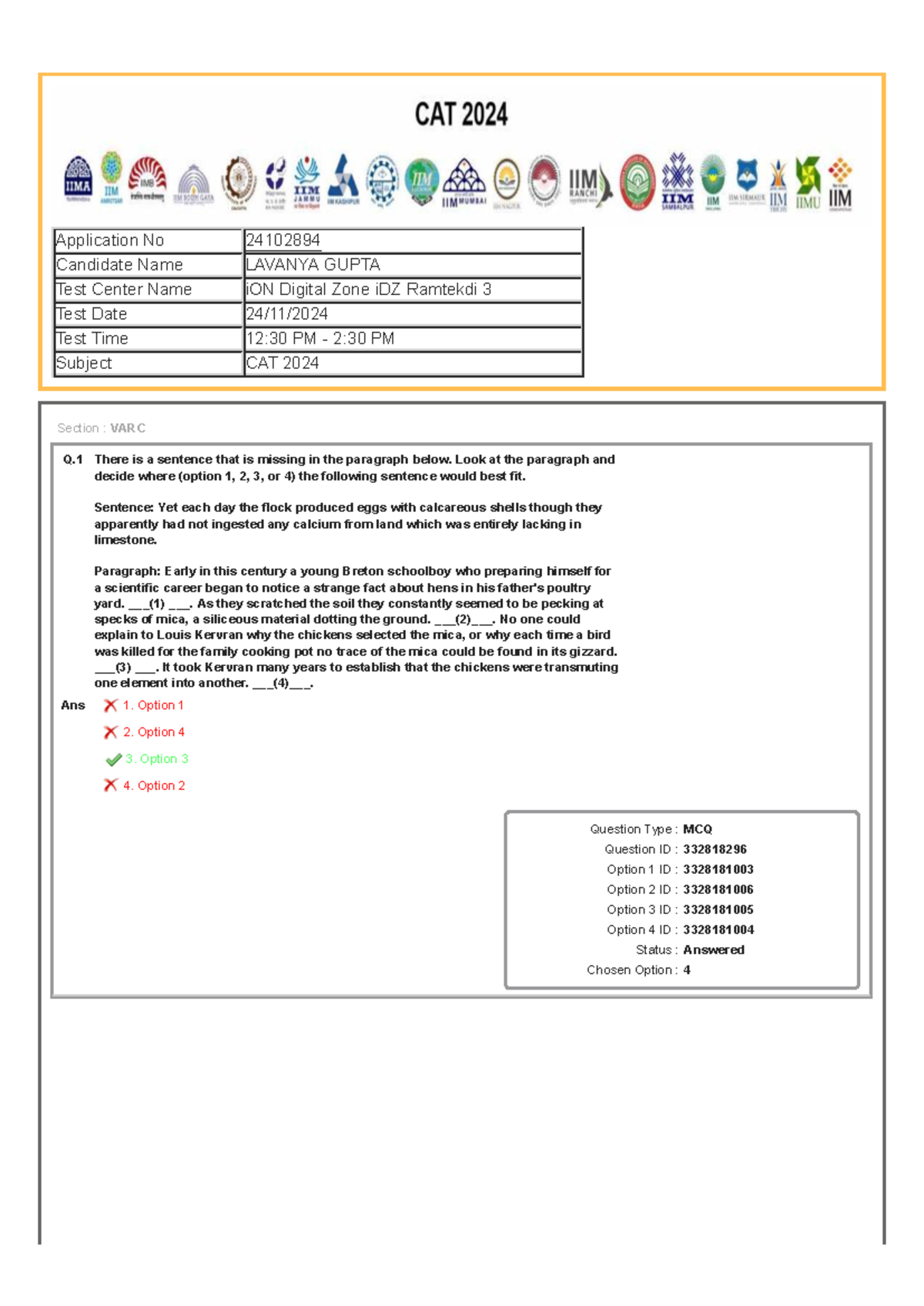 Response Sheet for CAT 2024 - Exam Details and Comprehension Questions ...
