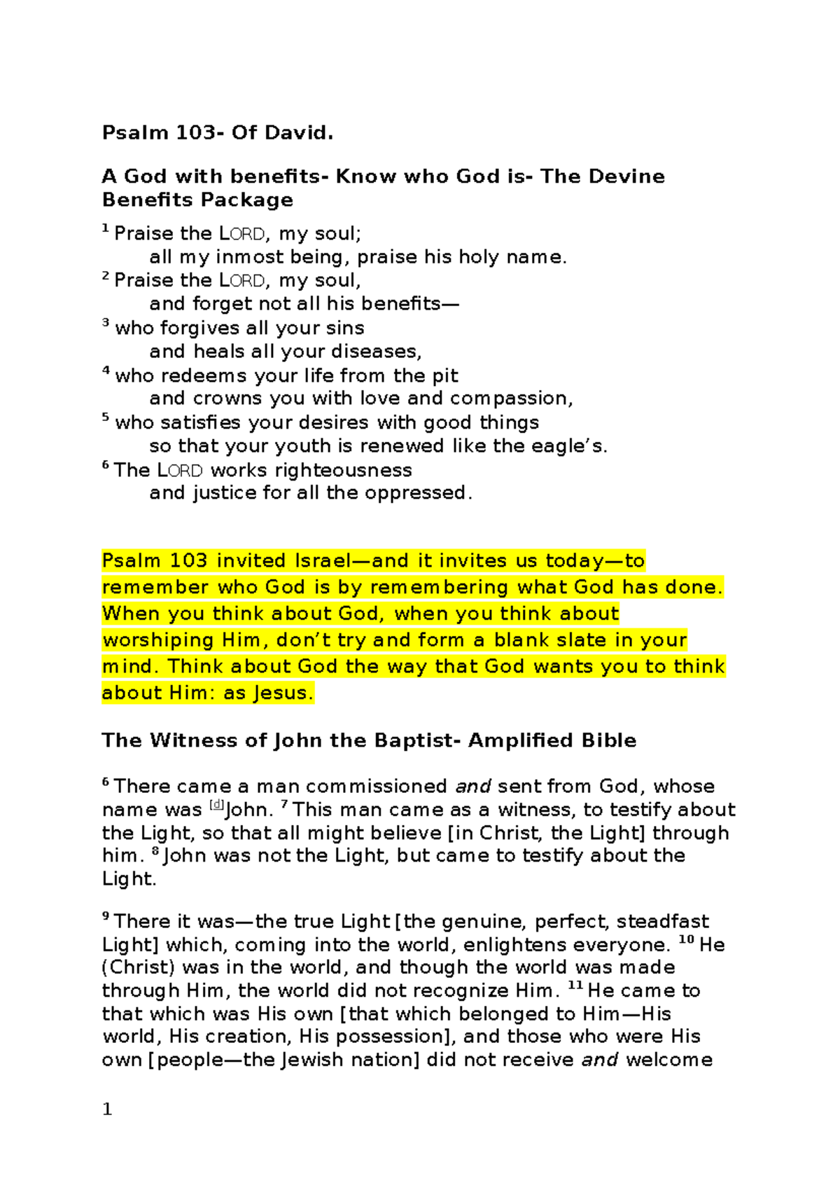 Psalm 103 & John 1: The Divine Benefits of Faith and Rejection - Studocu
