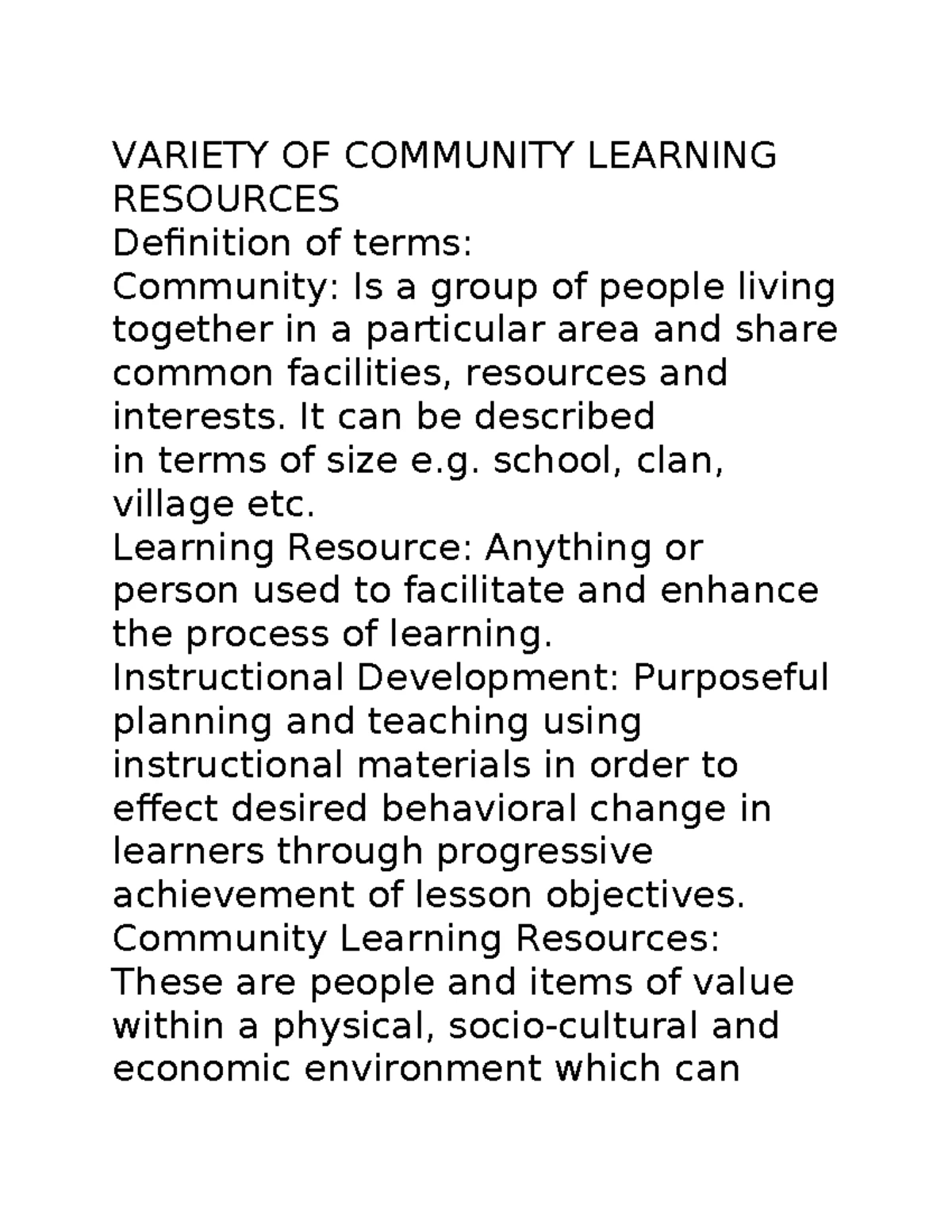 Community Resources for Learning: An Overview and Implementation Guide ...