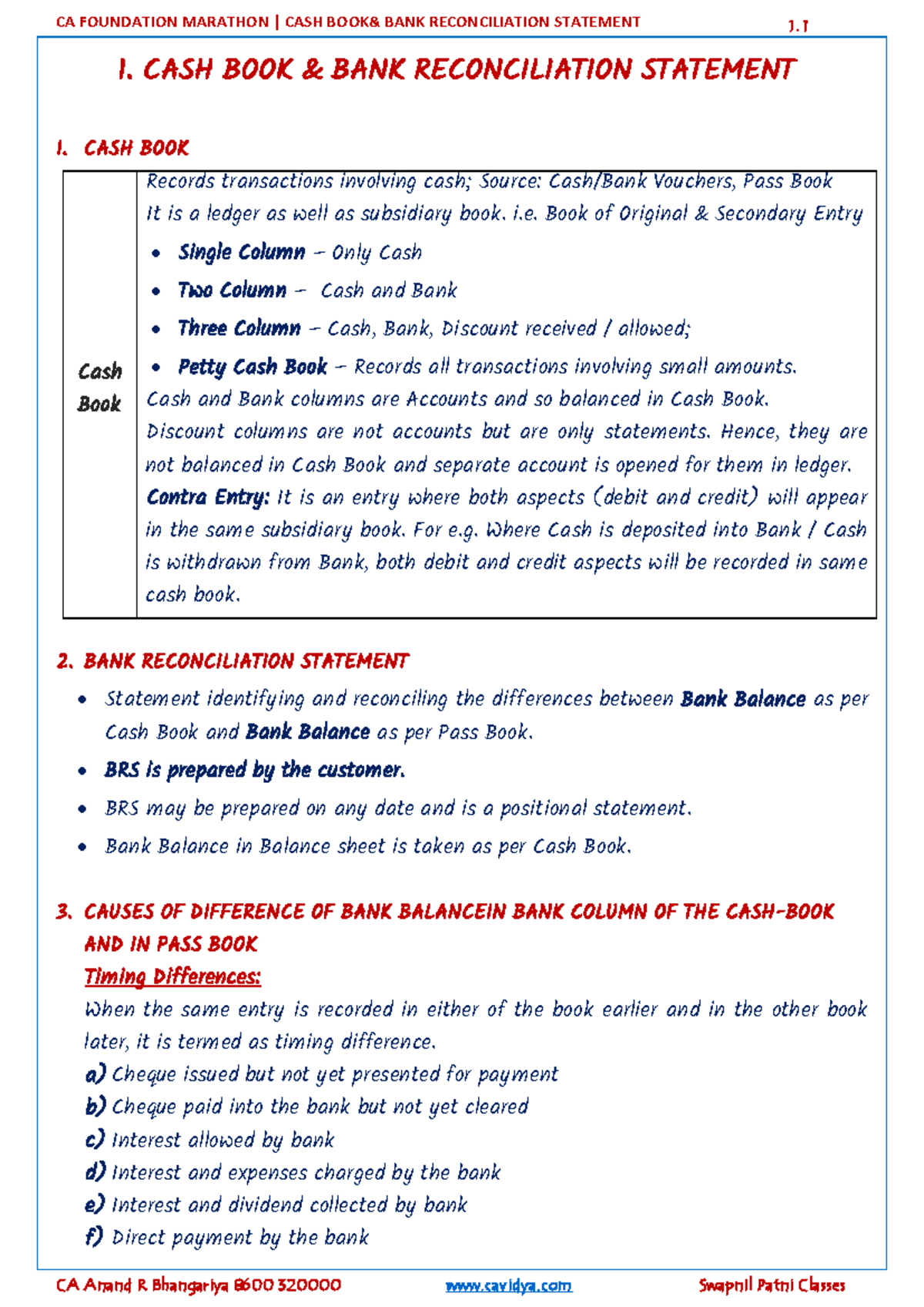 Cash Book & BRS Notes - CA Anand Bhangariya (evca160521) - Studocu
