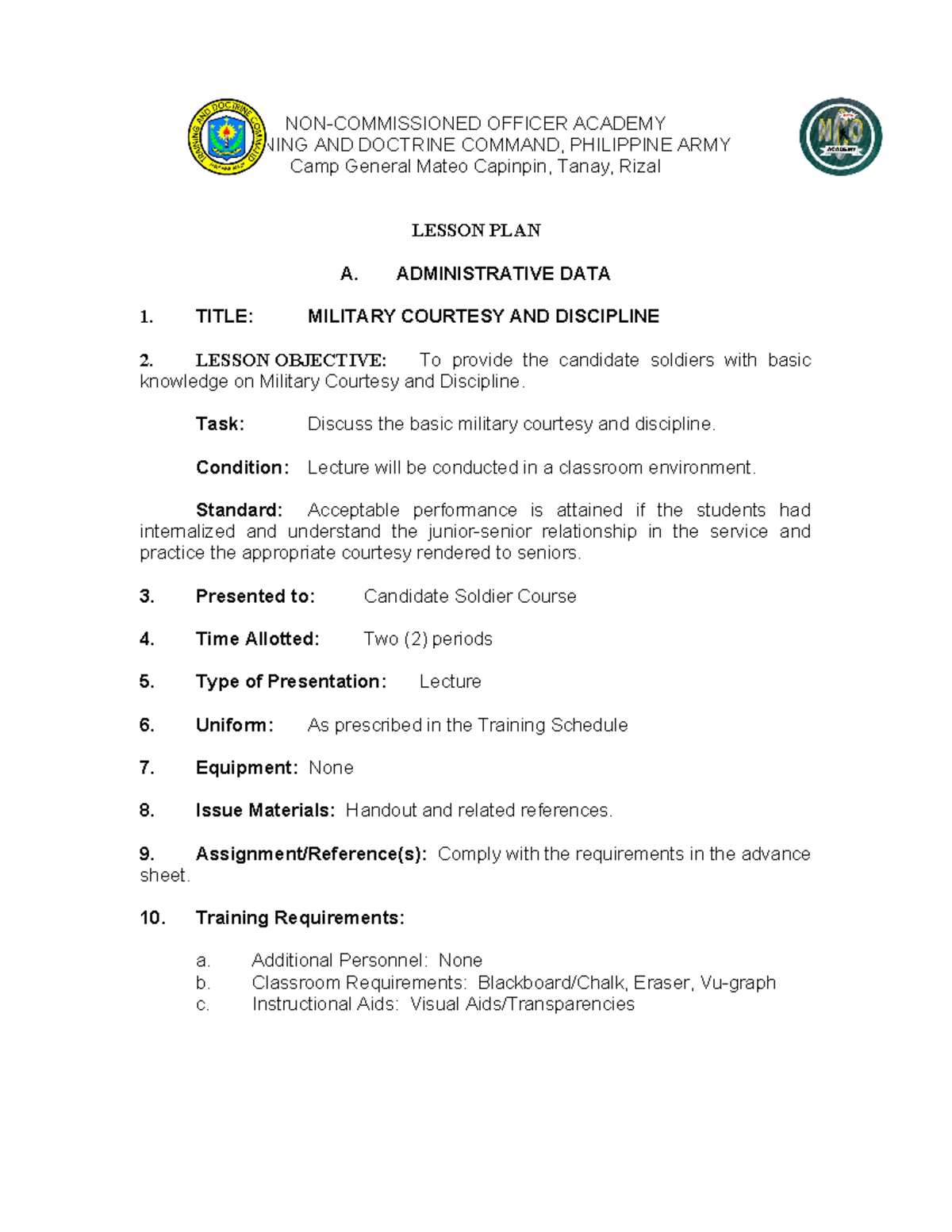 MIL 101 - Military Courtesy and Discipline Lecture Notes - Studocu