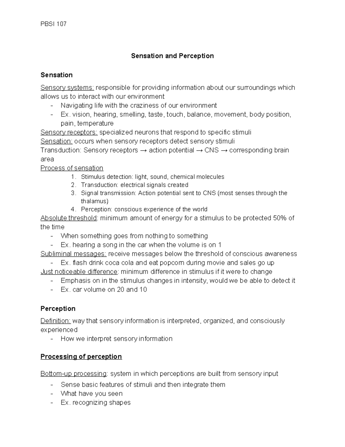 PBSI 107 Lecture Notes: Overview of Sensation and Perception - Studocu