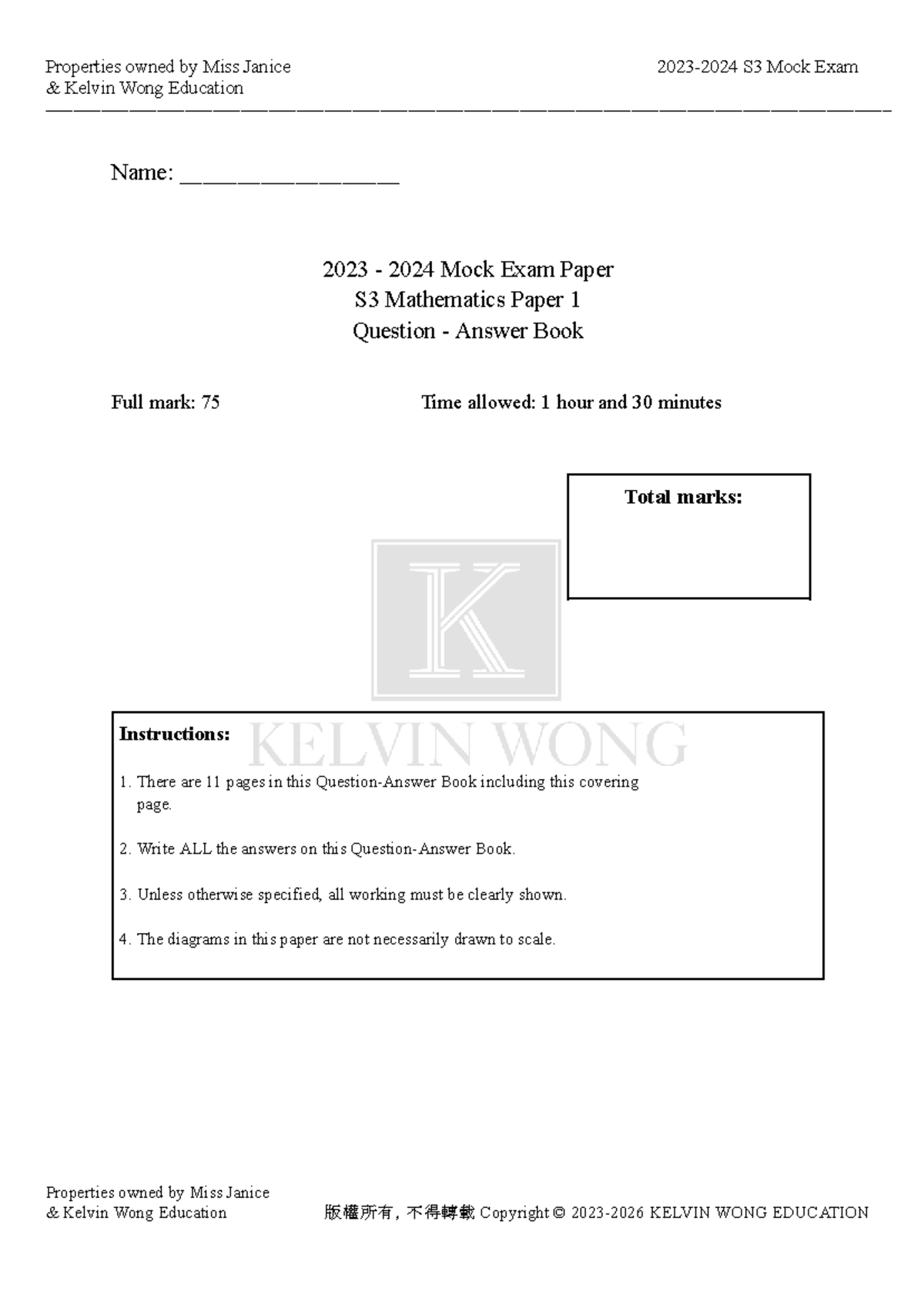 S3 Mathematics Mock Exam Paper 1 (2023-2024) by Kelvin Wong Education ...