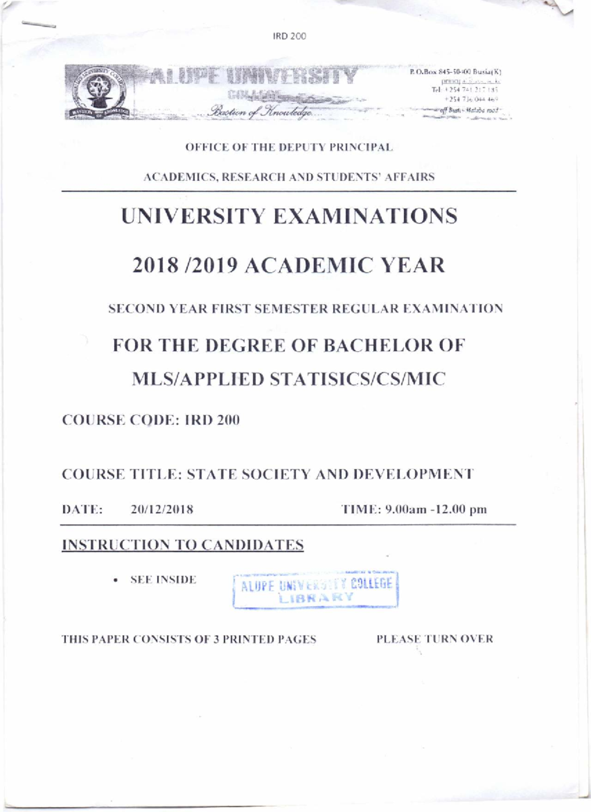 IRD 200: State, Society, and Development Exam Paper 2018 - Studocu