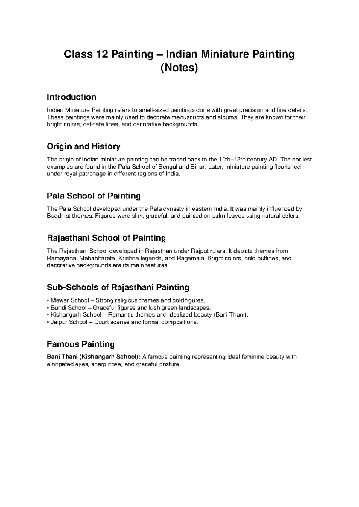 Class 12 Painting: Indian Miniature Painting Notes Overview - Studocu