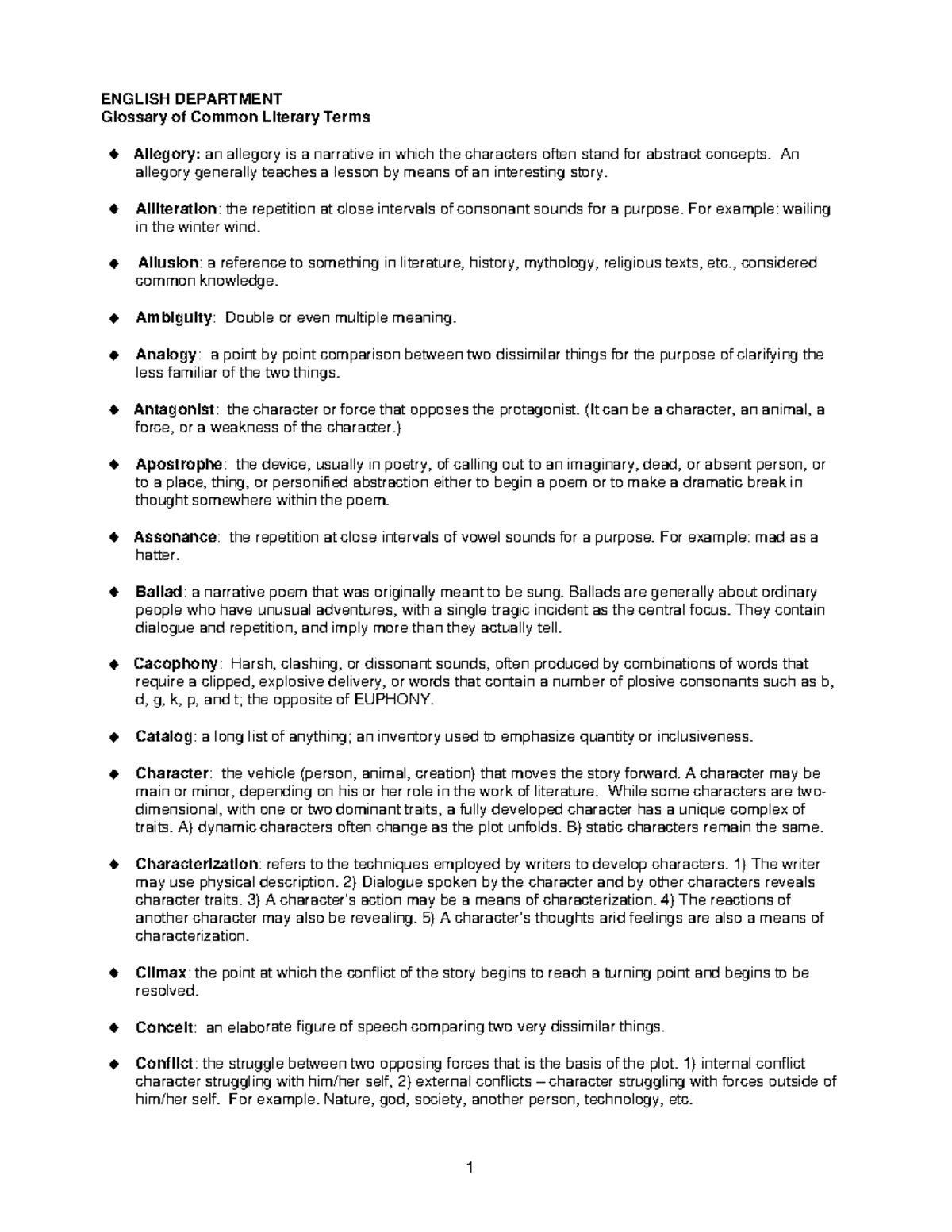 Glossary of Literary Terms for English Dept. Course - Studocu