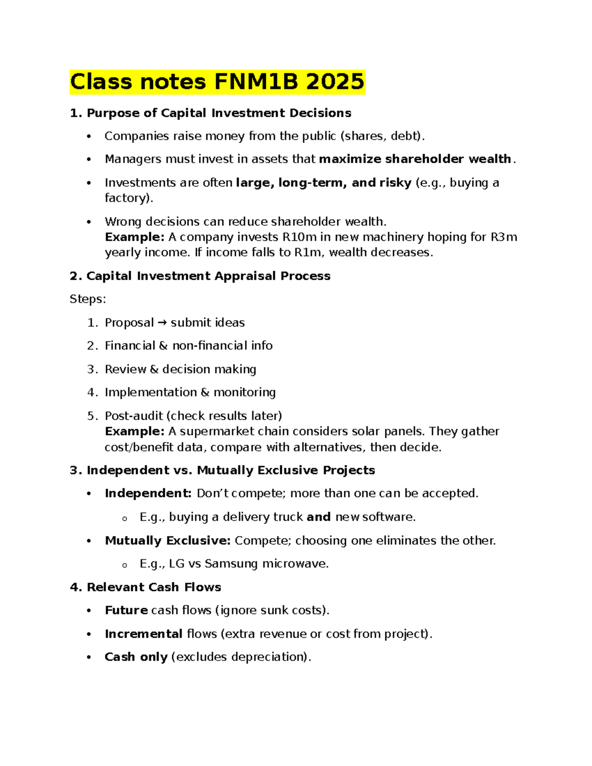 Capital Investment Decisions Notes FNM1B 2025 - Studocu