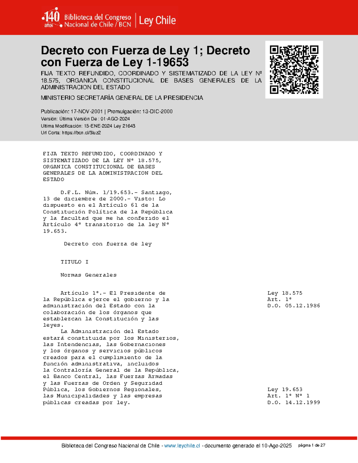 DFL 1: Texto Refundido de la Ley Nº 18.575 sobre Administración del ...
