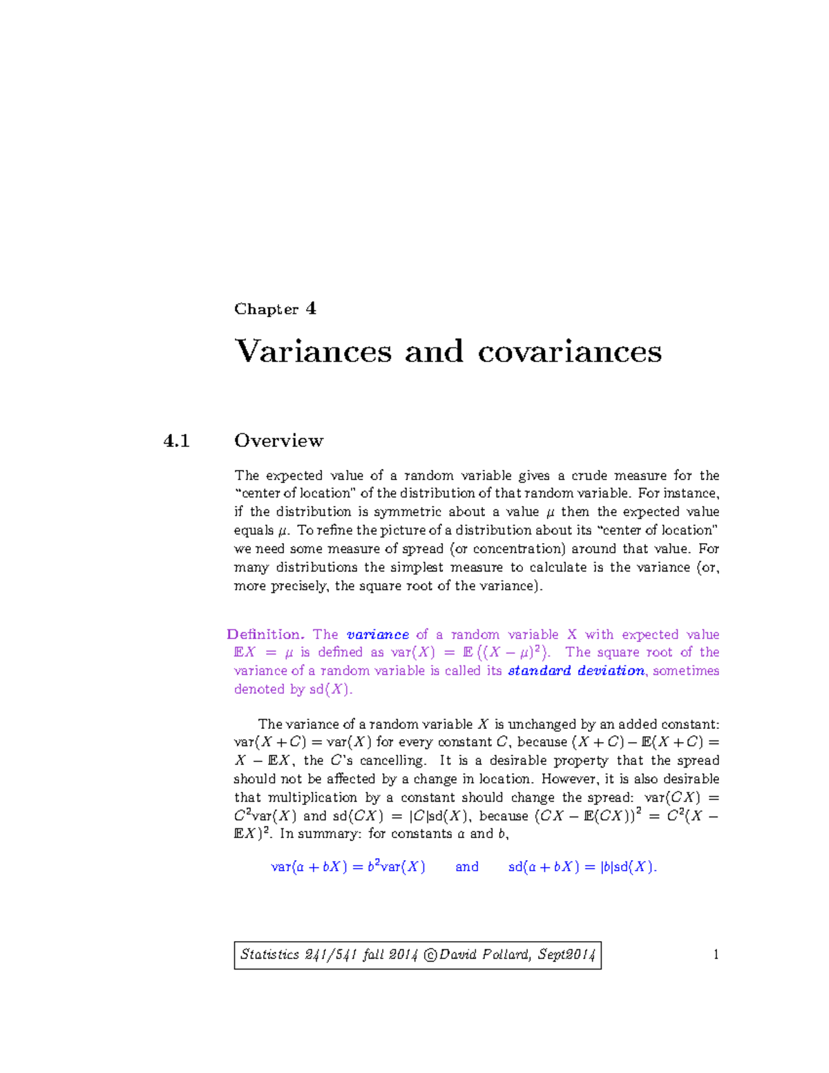 Variance Operations - Chapter 4 Variances and covariances 4 Overview ...
