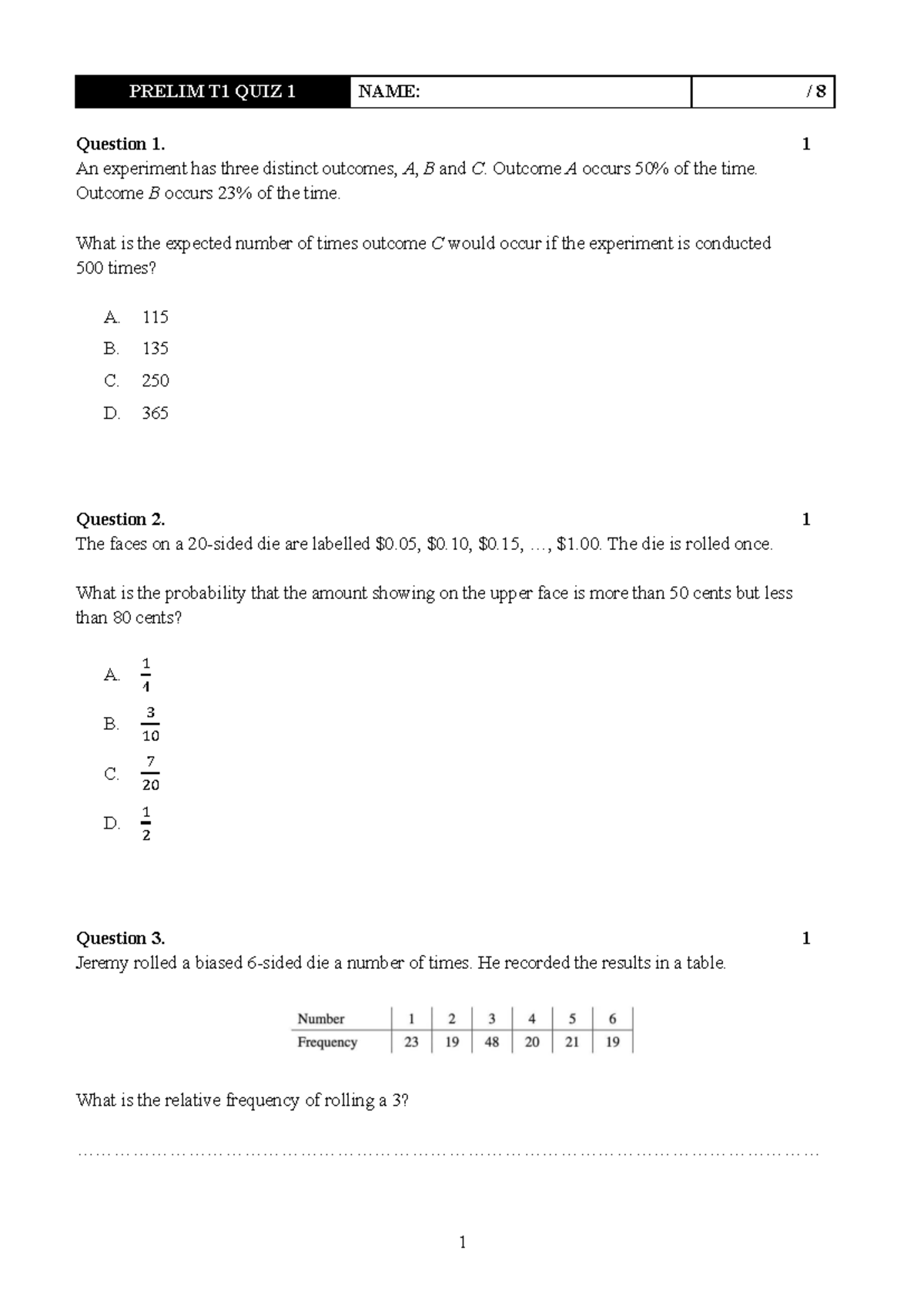 Prelim T1 Quiz 1 - Probability and Outcomes Analysis - Studocu