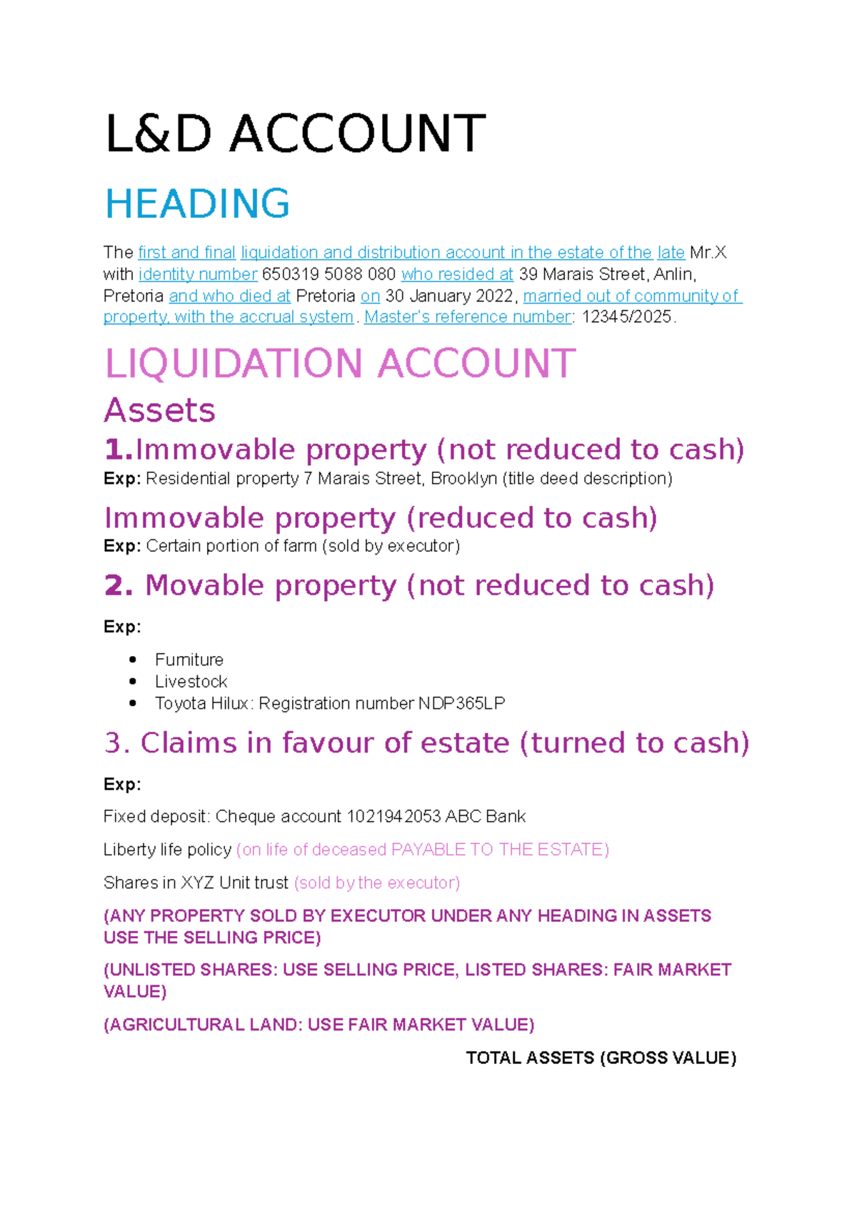 L&D Account: Final Liquidation & Distribution for Estate of Mr. X - Studocu