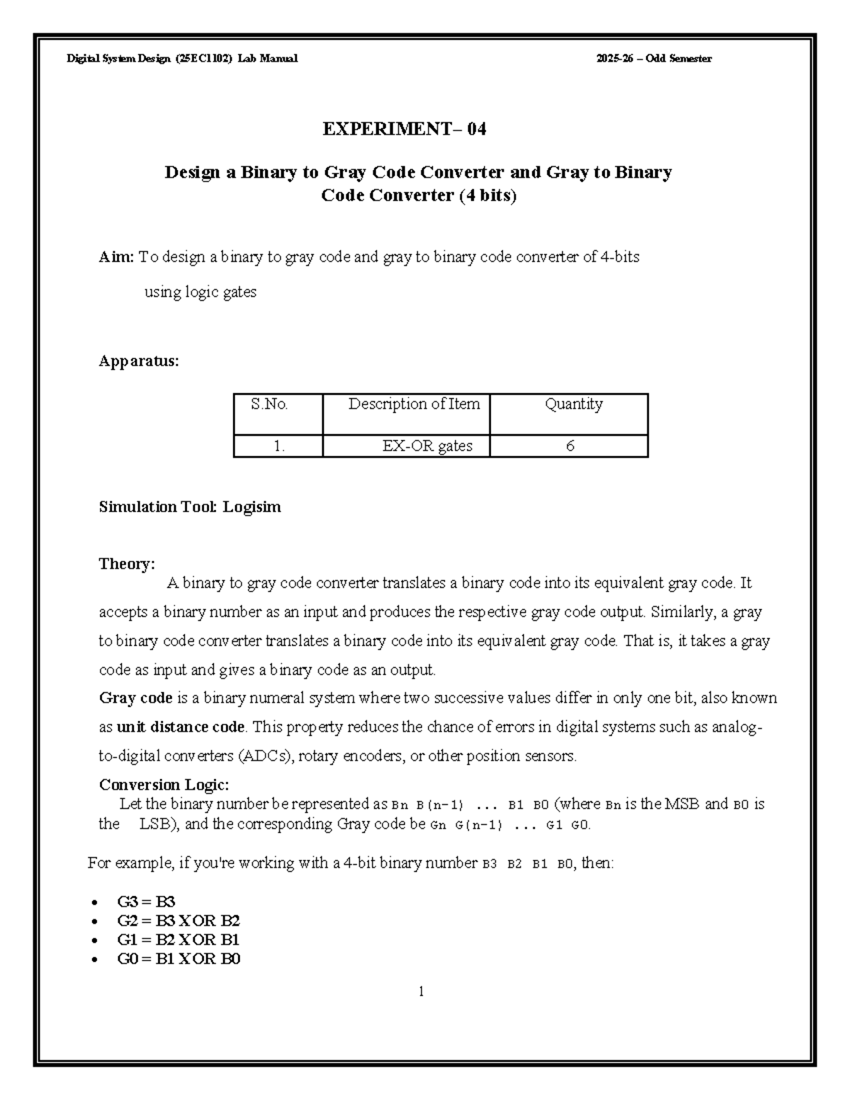 Digital System Design (25EC1102) Lab Manual: Binary to Gray Code ...