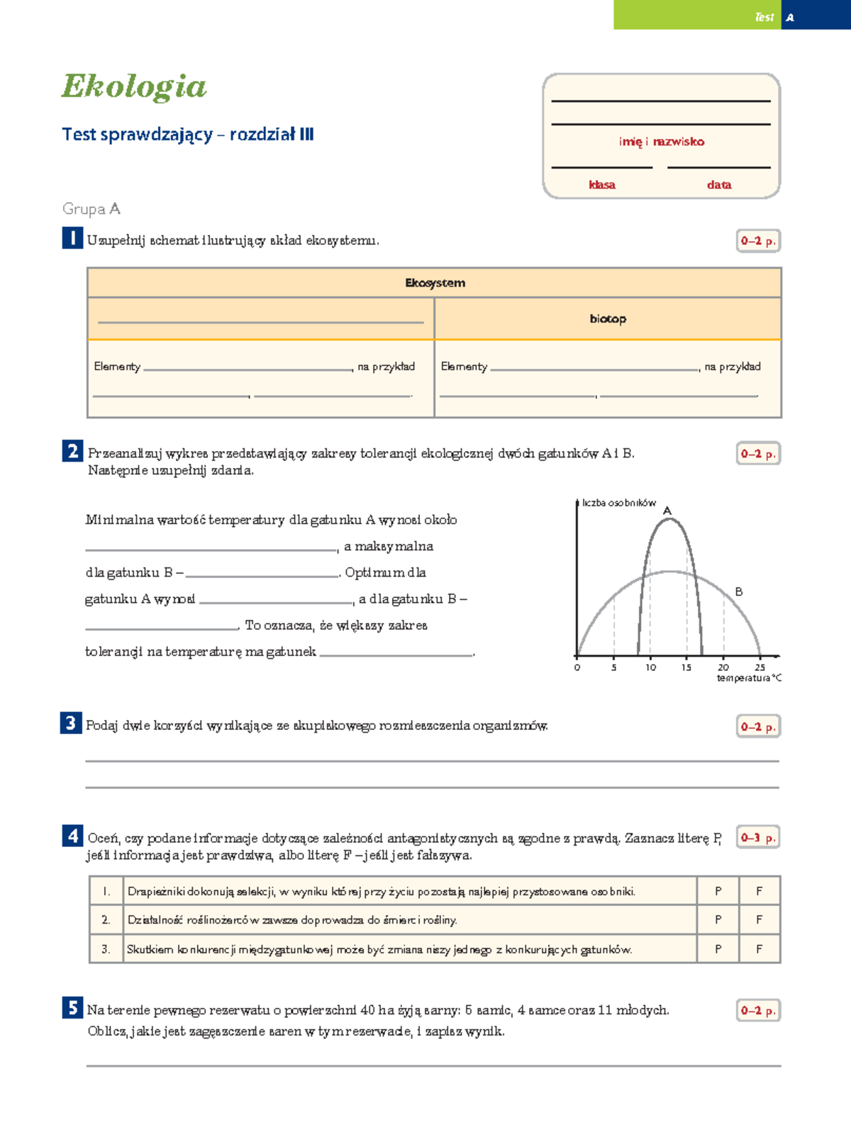 [Ekologia] Test 3 - Biologia - Klasa 8 - Zakresy Tolerancji Gatunków