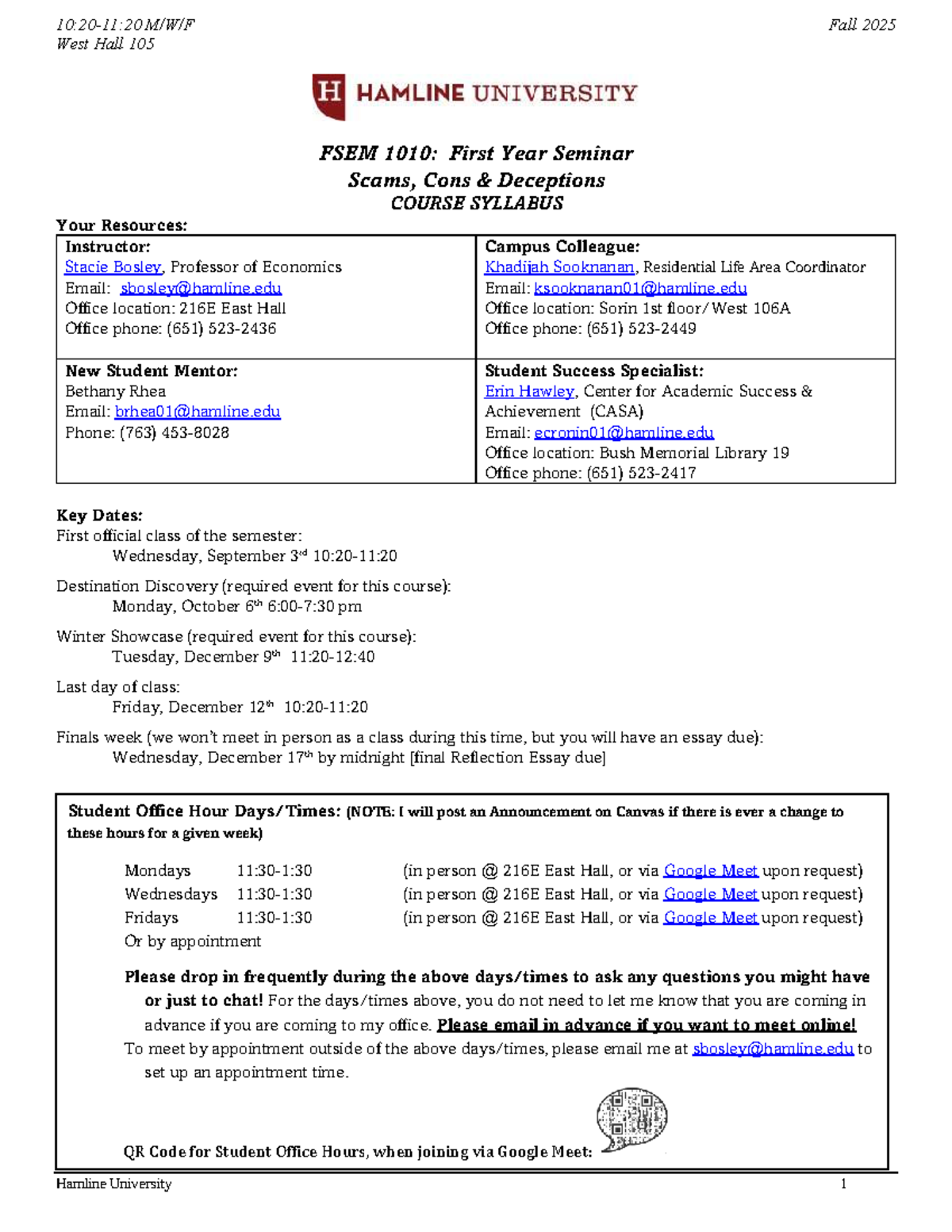 FSEM 1010: Fall 2025 First Year Seminar Syllabus on Scams & Deceptions ...
