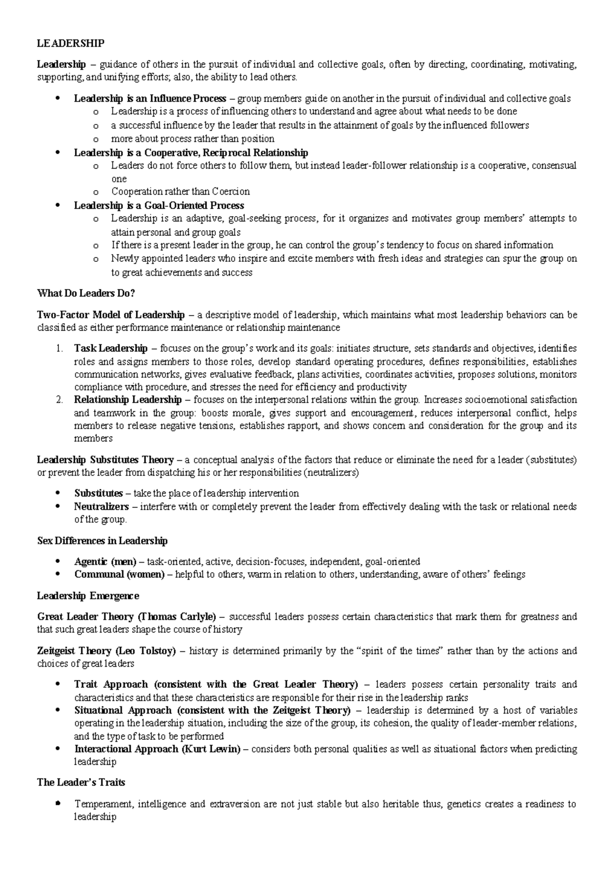 LEAD 301: Comprehensive Leadership Theory and Concepts Notes - Studocu