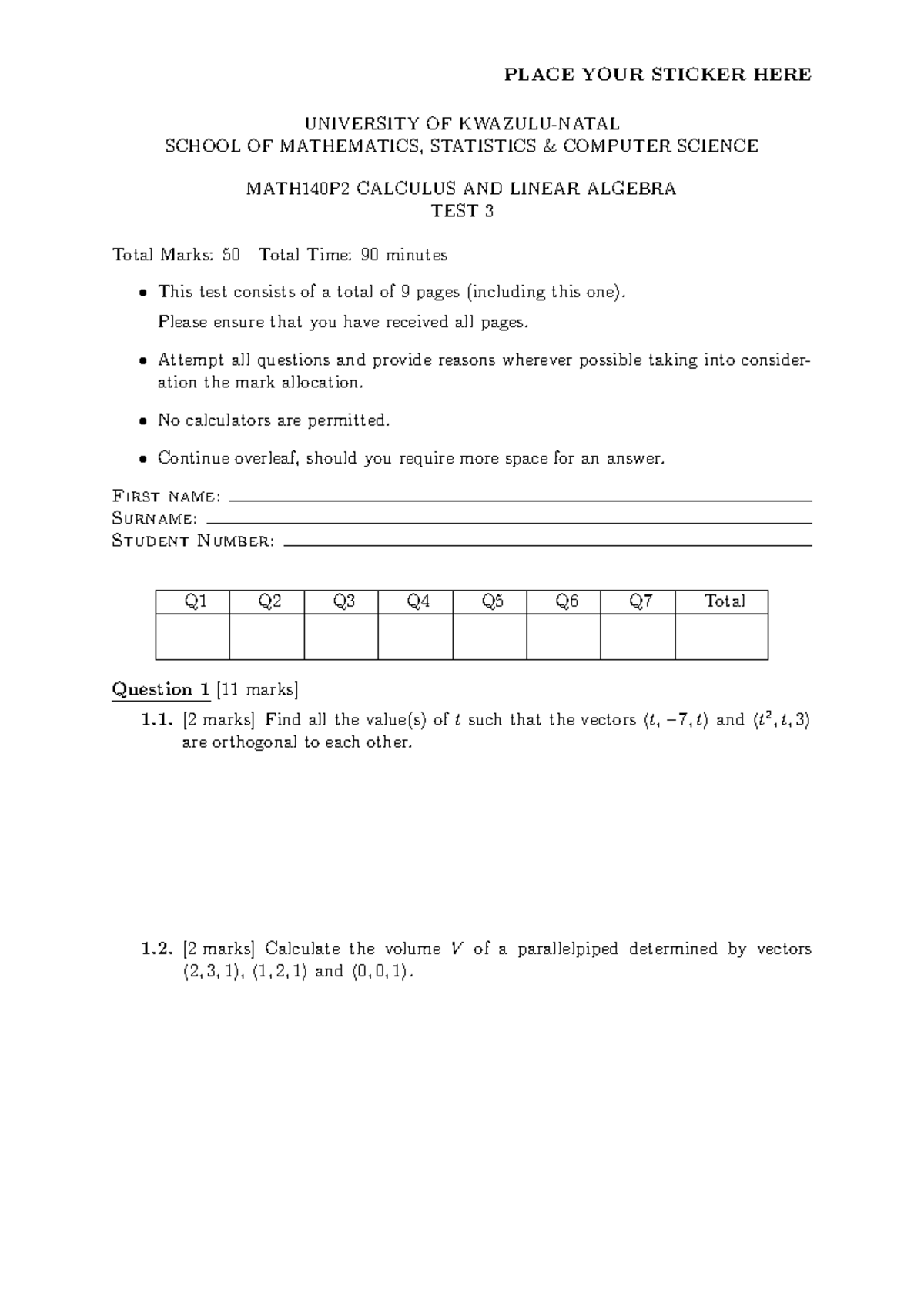 MATH140 P2 Calculus & Linear Algebra Test 3 - Total Marks: 50 - Studocu