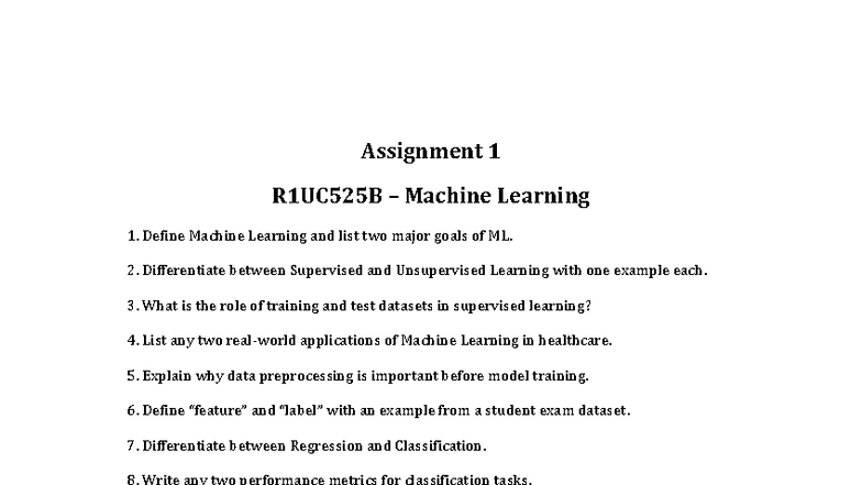 Assignment 1 R1UC525B: Key Concepts in Machine Learning - Studocu