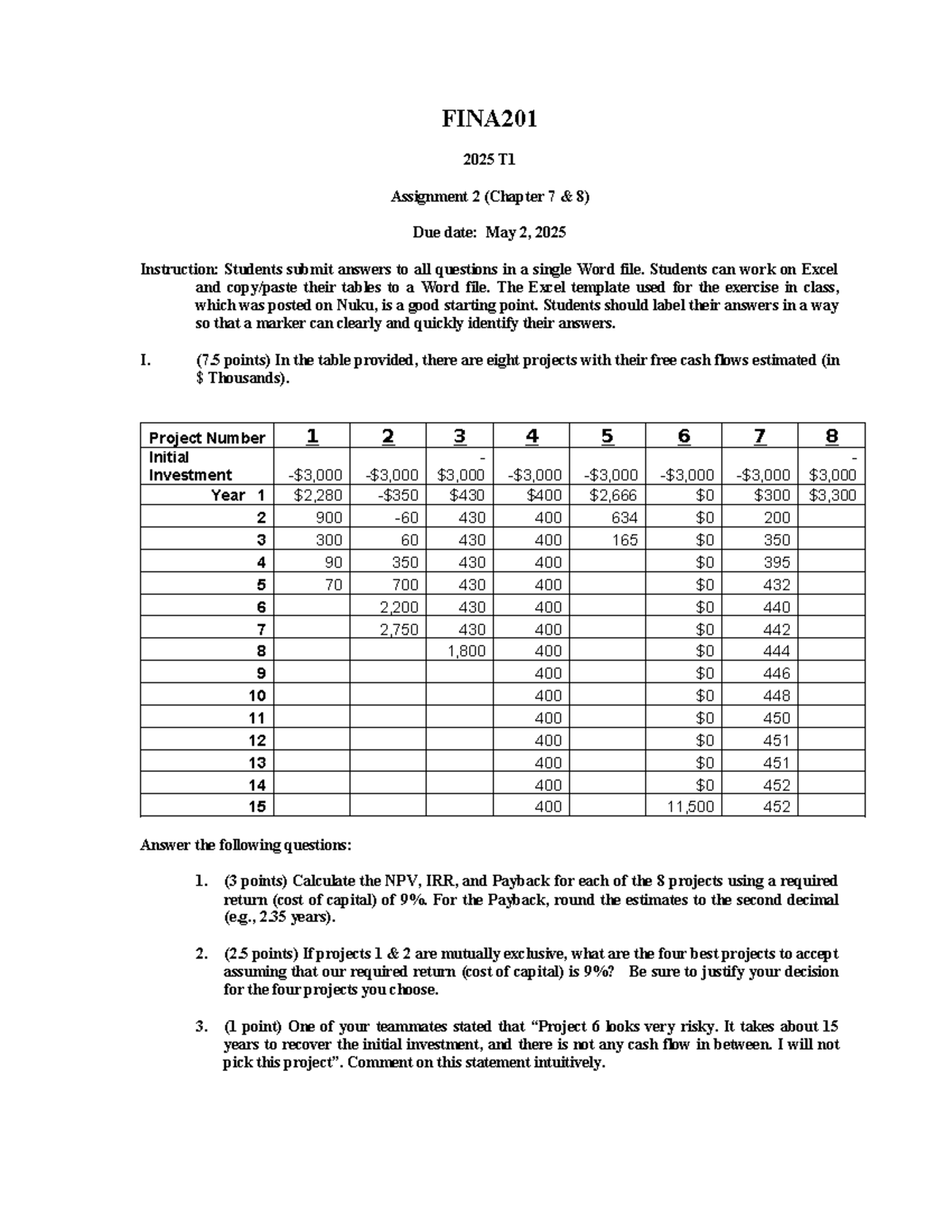 Assignment+2 2025 - Assignment 2 - FINA 2025 T Assignment 2 (Chapter 7 ...