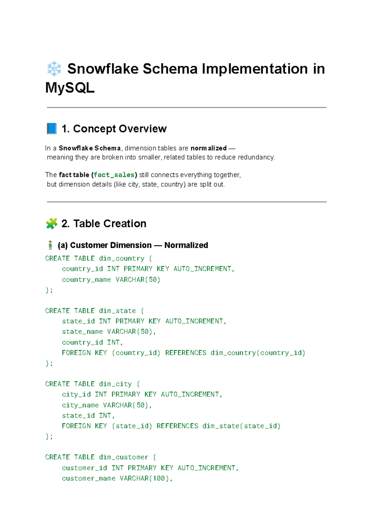 Snowflake Schema Implementation in MySQL - Notes - Studocu