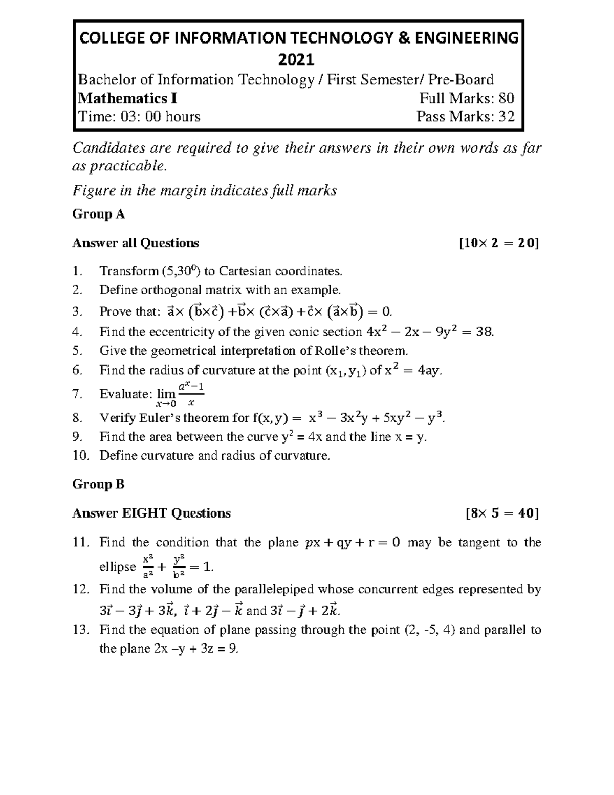 BIT I Mathematics - Final Exam Questions and Solutions - Studocu