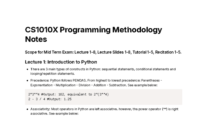 CS1010X Programming Methodology Midterm Exam Notes - Studocu