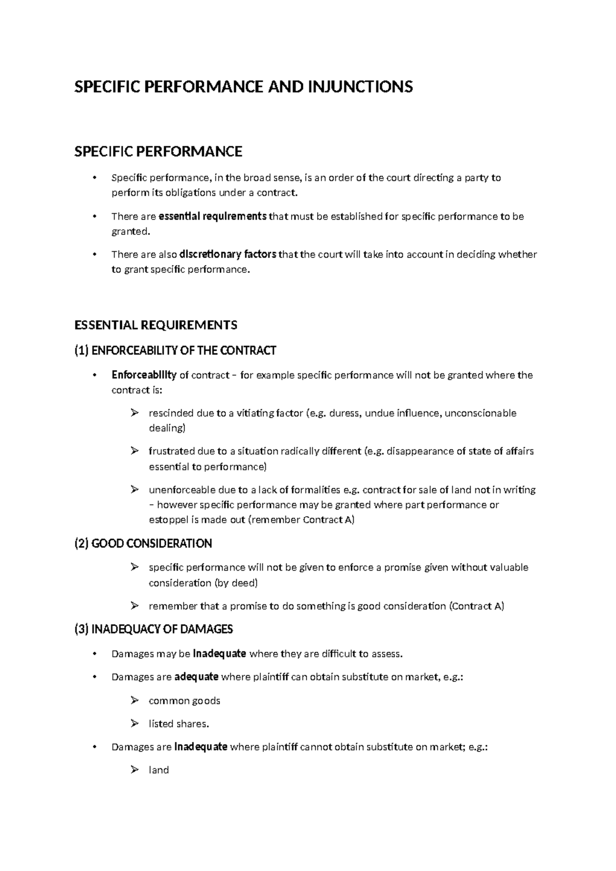 3-Law 101 Specific Performance & Injunctions Exam Notes Summary - Studocu