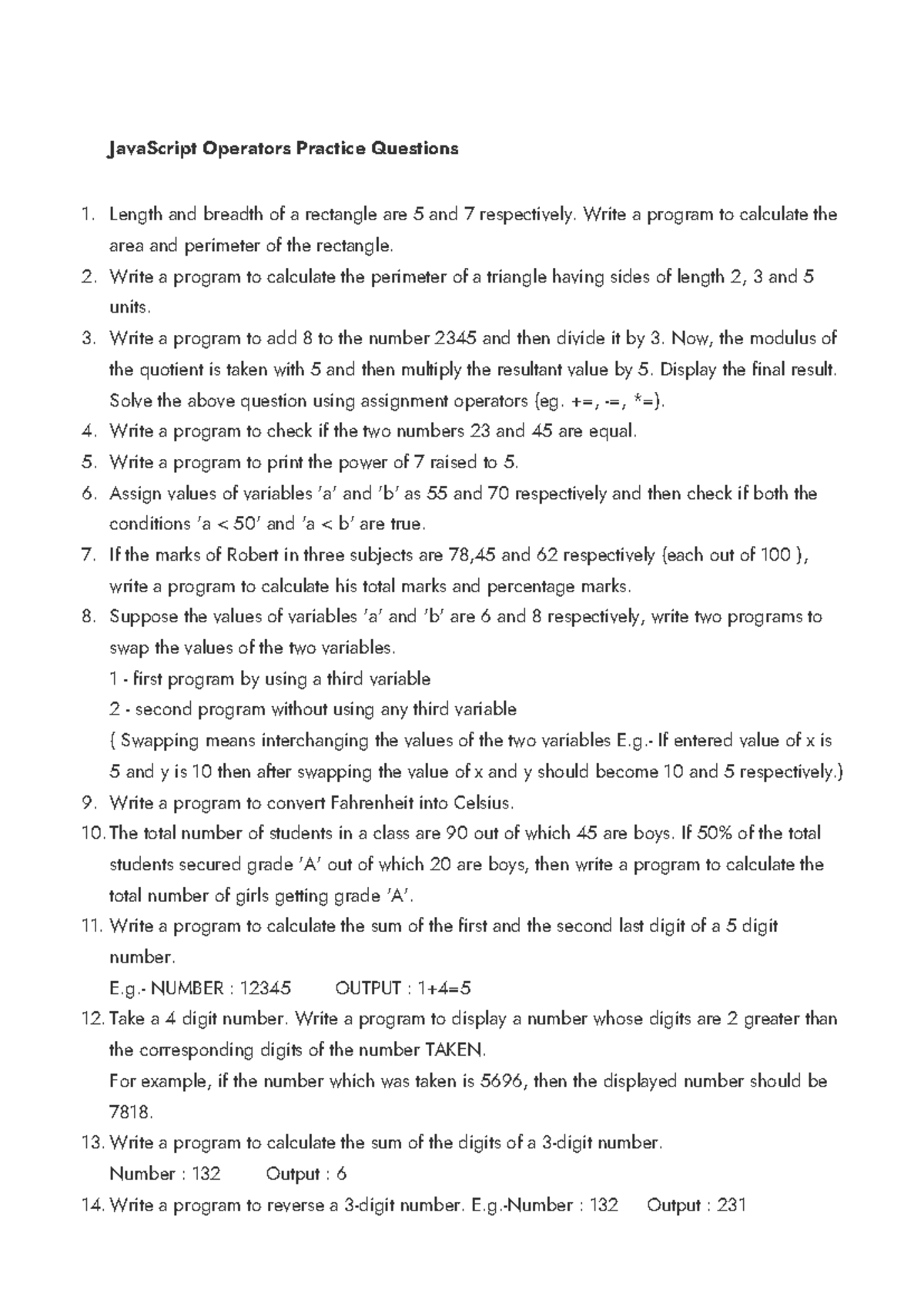 Java Script Operators Practice Questions - JavaScript Operators ...