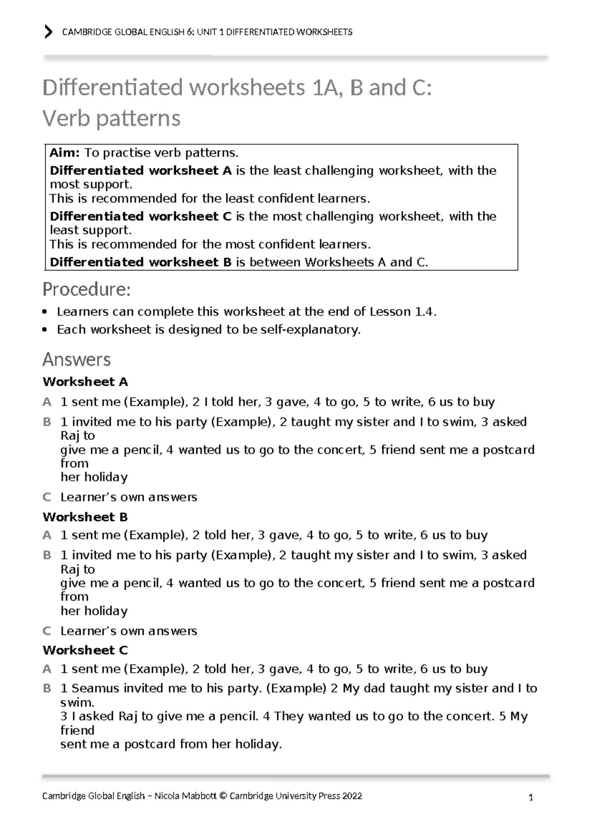 GE 6: Unit 1 Differentiated Worksheets on Verb Patterns - Studocu