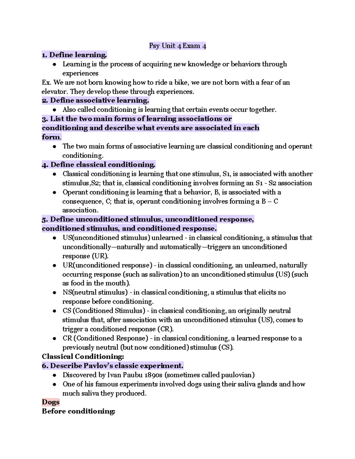 PSY 101 Final Exam: Classical and Operant Conditioning Insights - Studocu