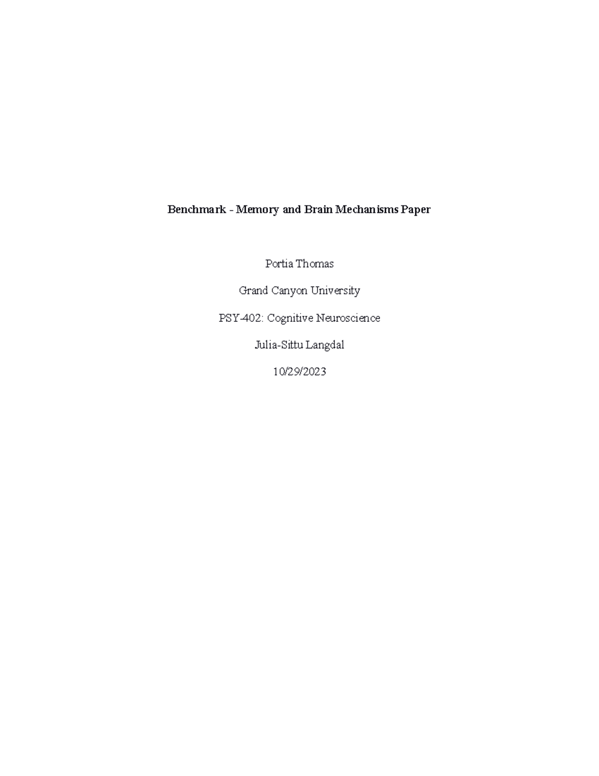 PSY-402: Benchmark Paper on Memory and Brain Mechanisms - Studocu