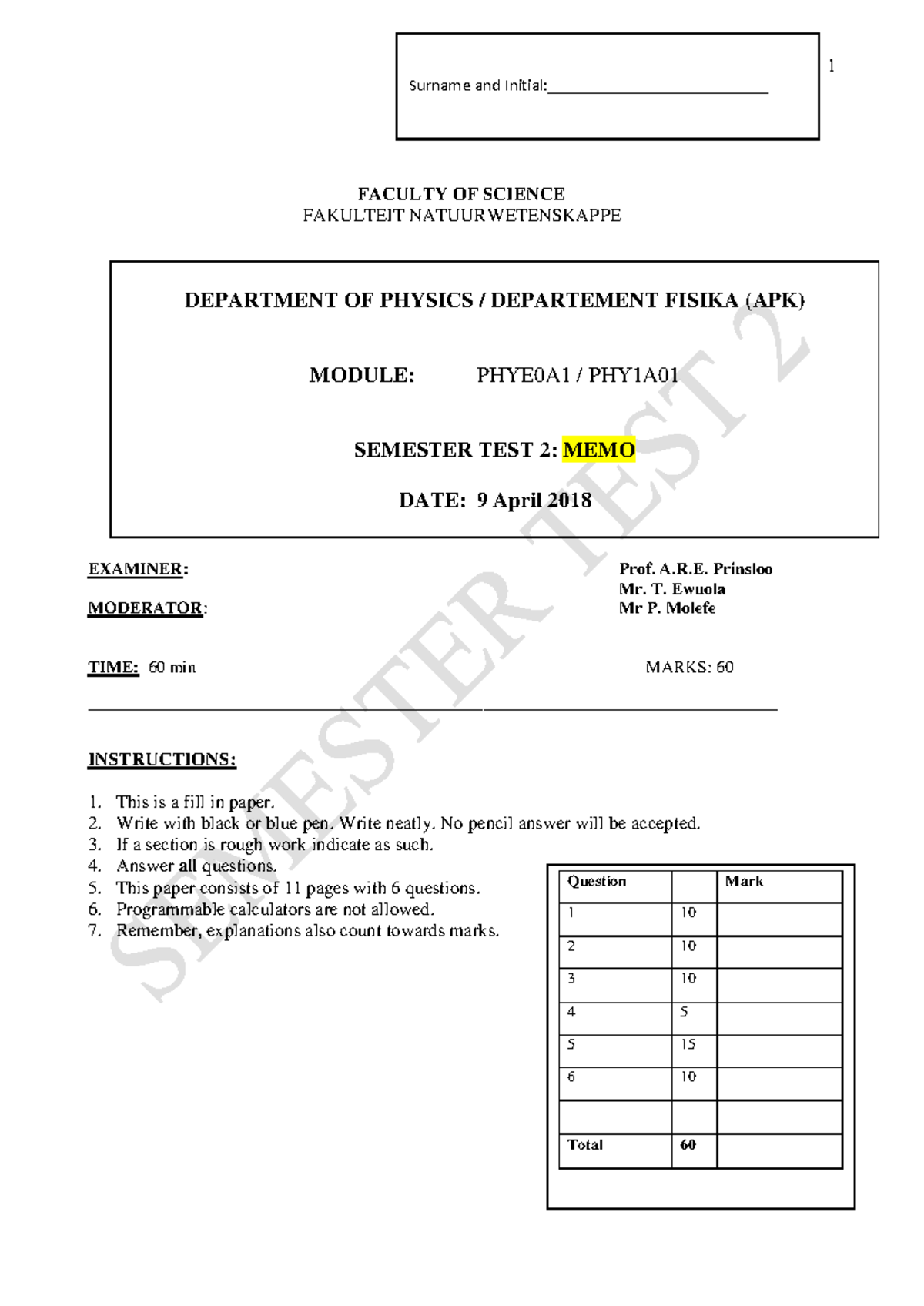 PHYE0A1 Semester Test 2 2018 Memo - Answers & Solutions - Studocu